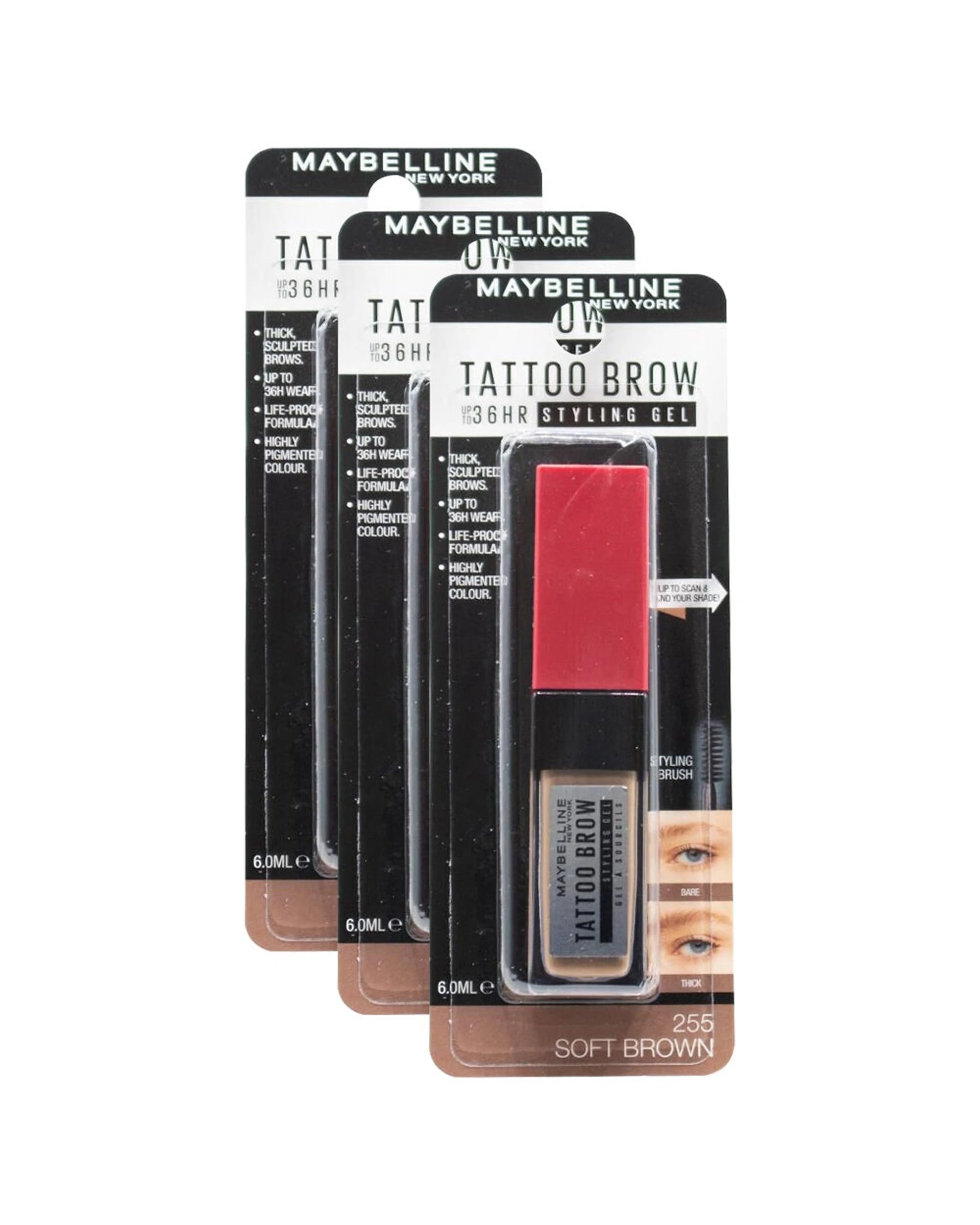 1 Maybelline 3PK Tattoo Brow Styling Gel 6ml Long Lasting Water Resistant 255 - Red, 1 of 3