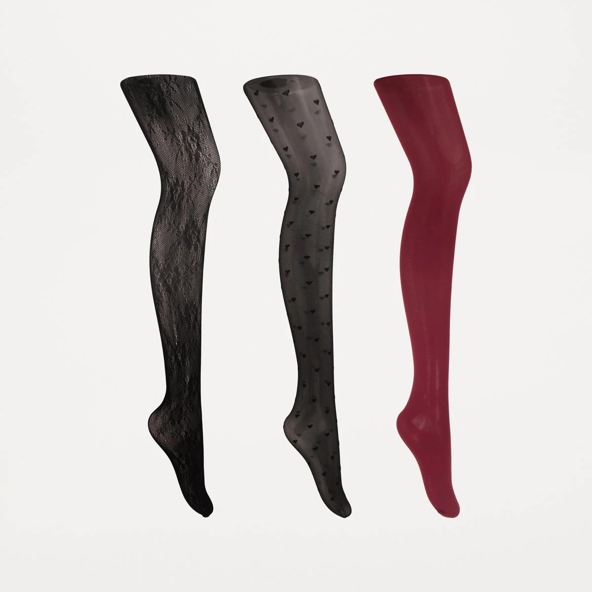 1 3 Pack Fashion Tights HEART, FLORAL, BURGUNDY, 1 of 2