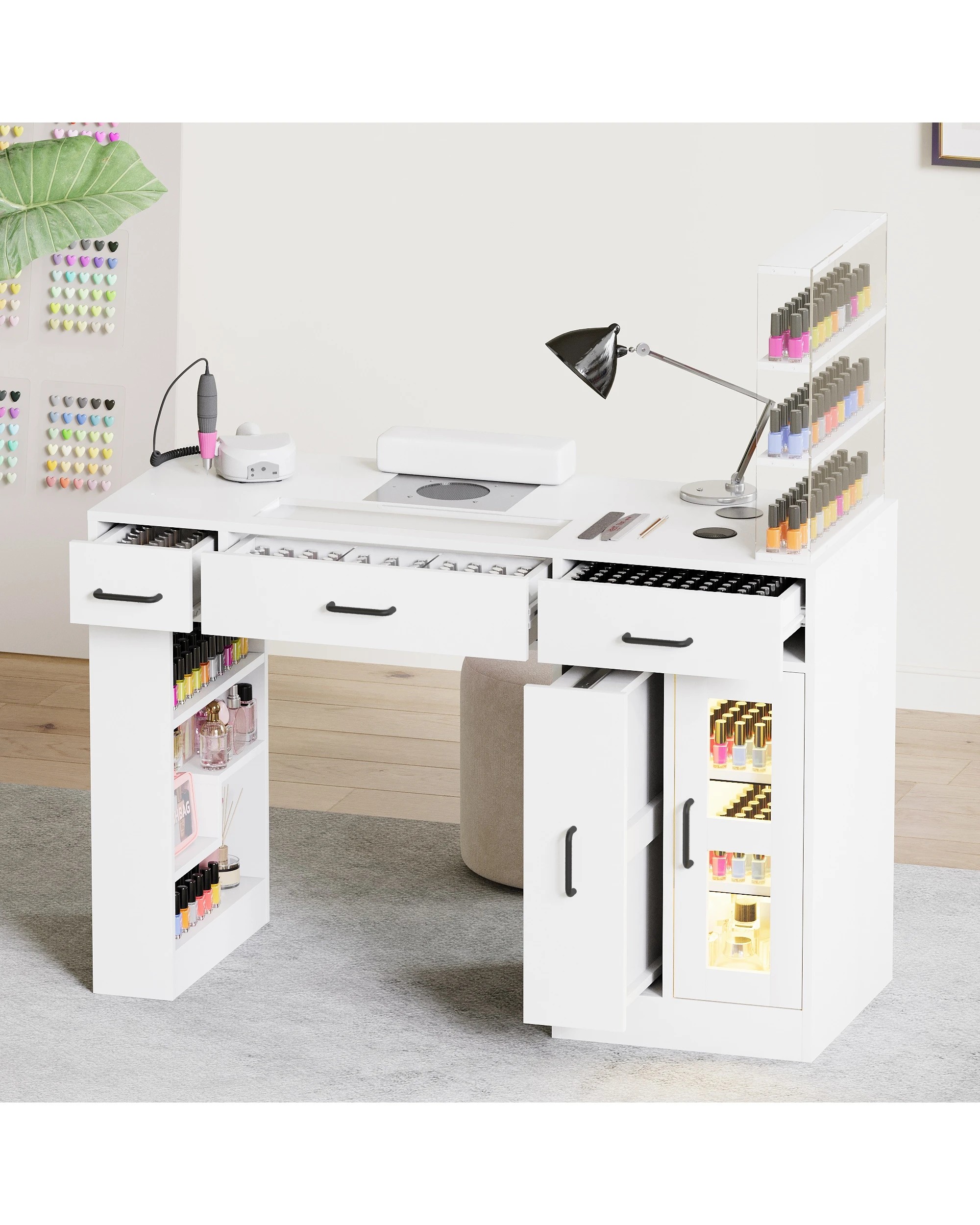 9 Advwin Vanity Nail Desk Manicure Table w/Glass Top Drawer Dust Collector Wireless Charging LED Light - White, 9 of 10