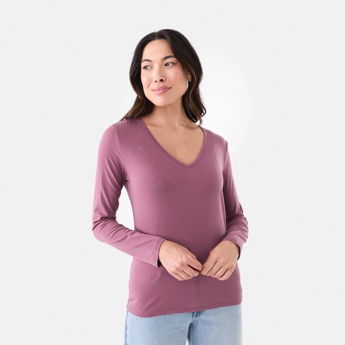 1 Long Sleeve Stretch V-Neck T-shirt Berry, 1 of 5
