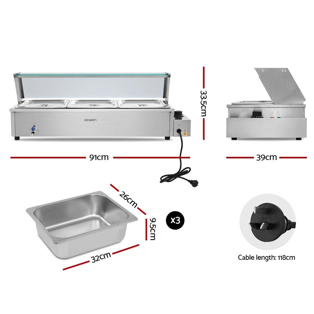 1 Devanti Commercial Food Warmer Bain Marie 3 Electric Buffet Pans - Silver, 1 of 7