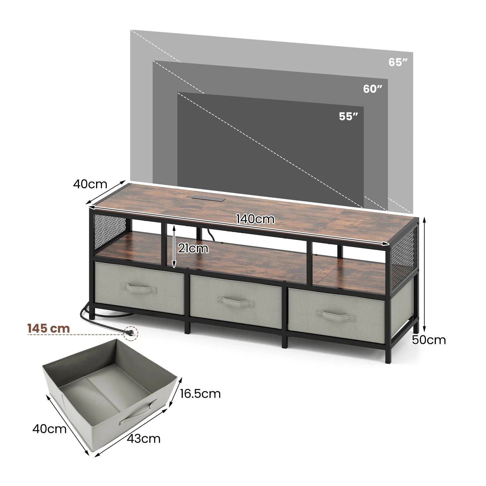 4 Costway TV Cabinet 3-Tier Entertain Unit w/Power Outlets for TVs up to 65” Storage Center - Brown, 4 of 5