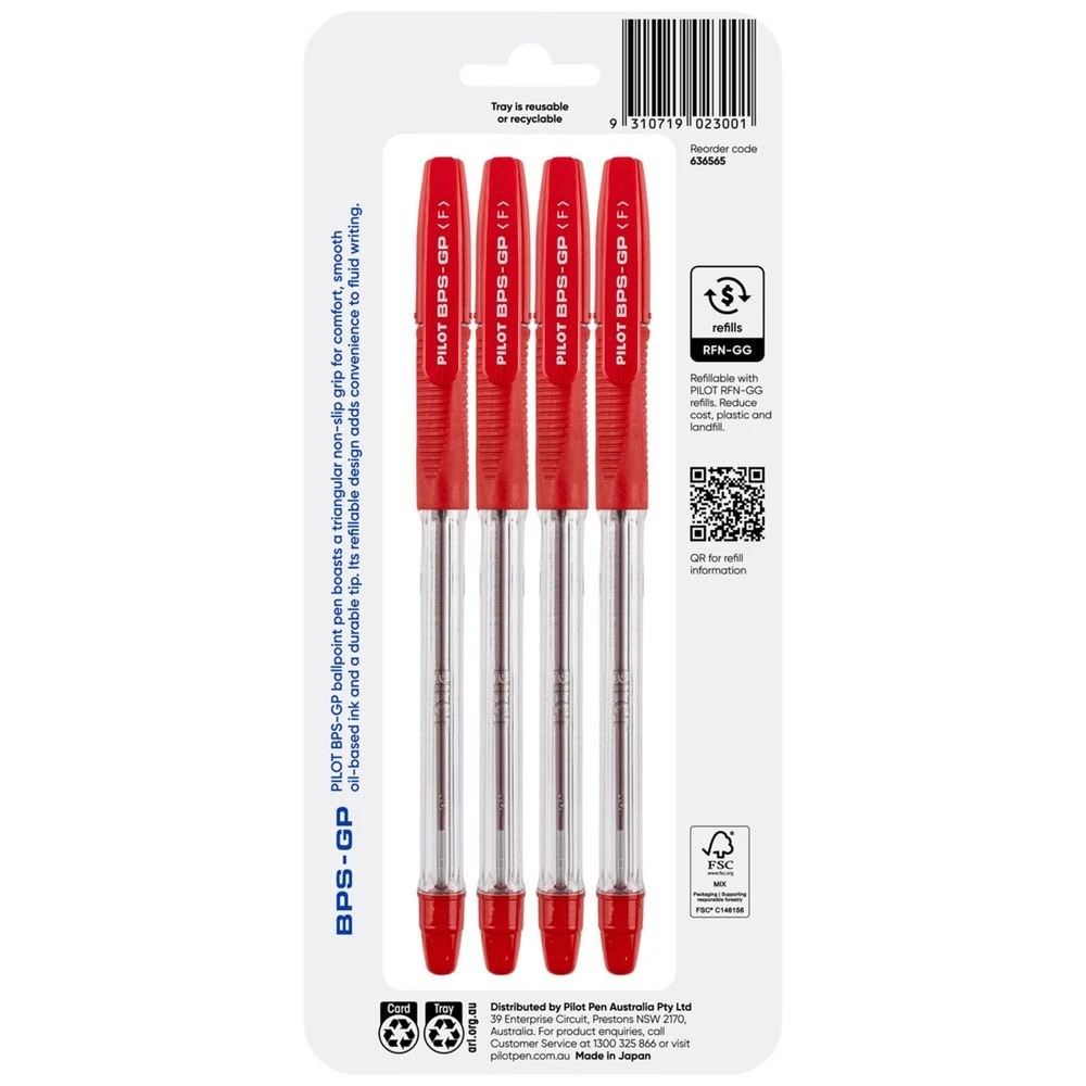 2 PILOT BPS-GP Ballpoint Pen Fine 0.7mm Red 4 Pack, 2 of 8