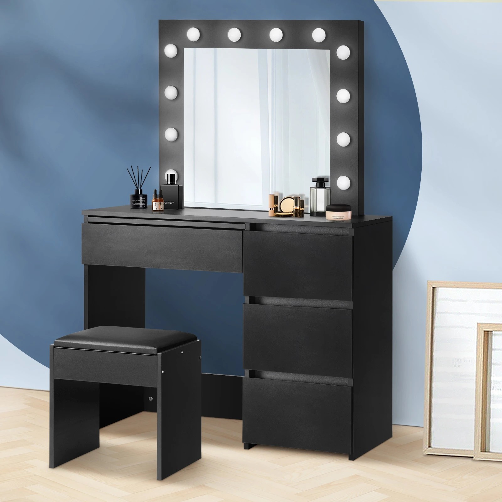 2 Oikiture Dressing Table Stool Set Makeup Desk Mirror Storage 12 Led Bulbs
 - Black, 2 of 9