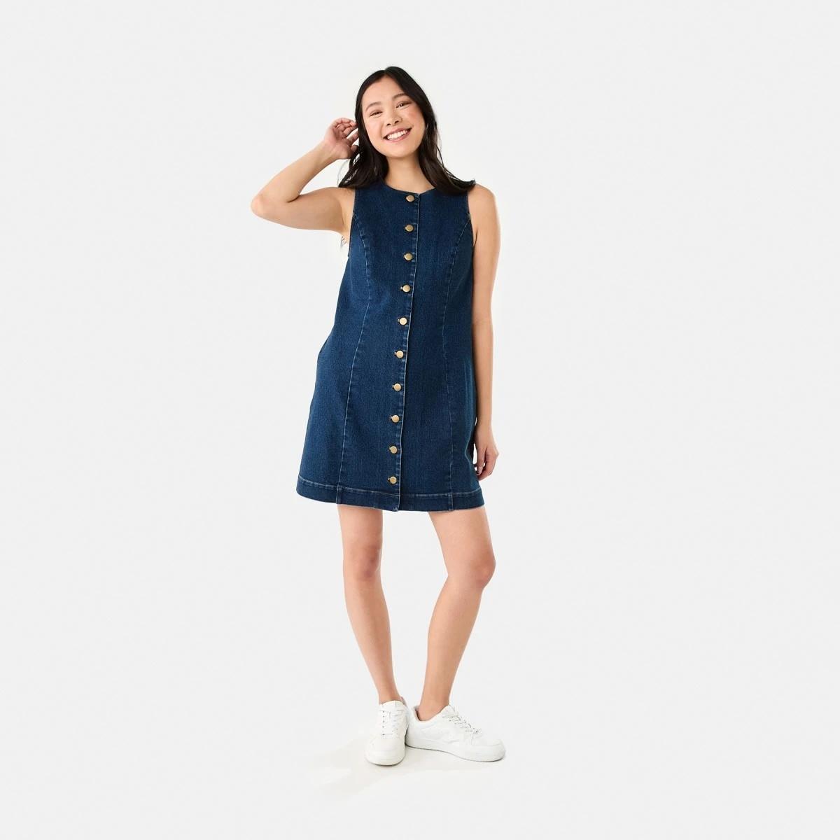 8 Sleeveless Boat Neck Denim Mini Dress DARK DENIM WASH, 8 of 8