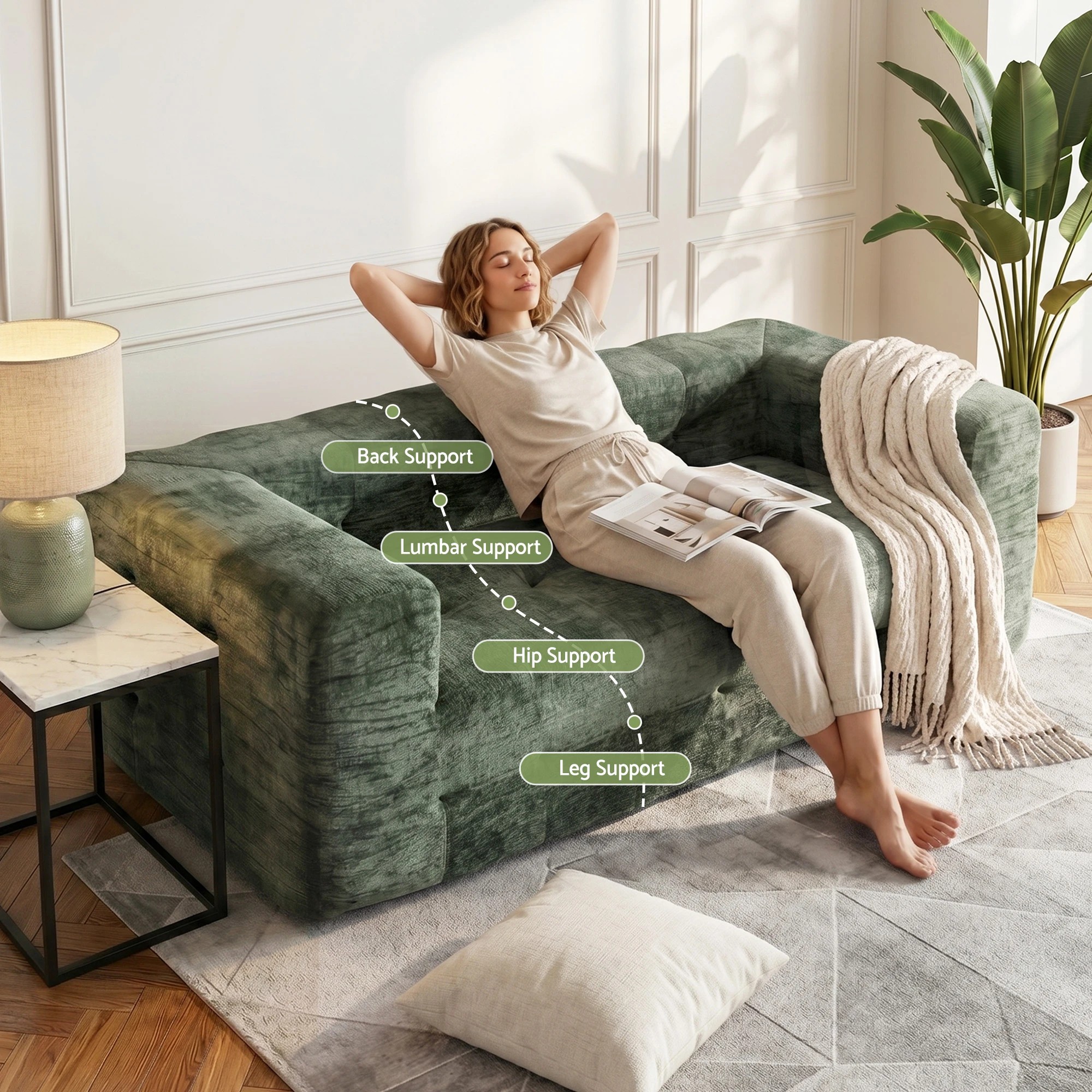 8 Artiss Comfort Boneless Sofa for Living Room Green Luxury Chenille - Green, 8 of 8
