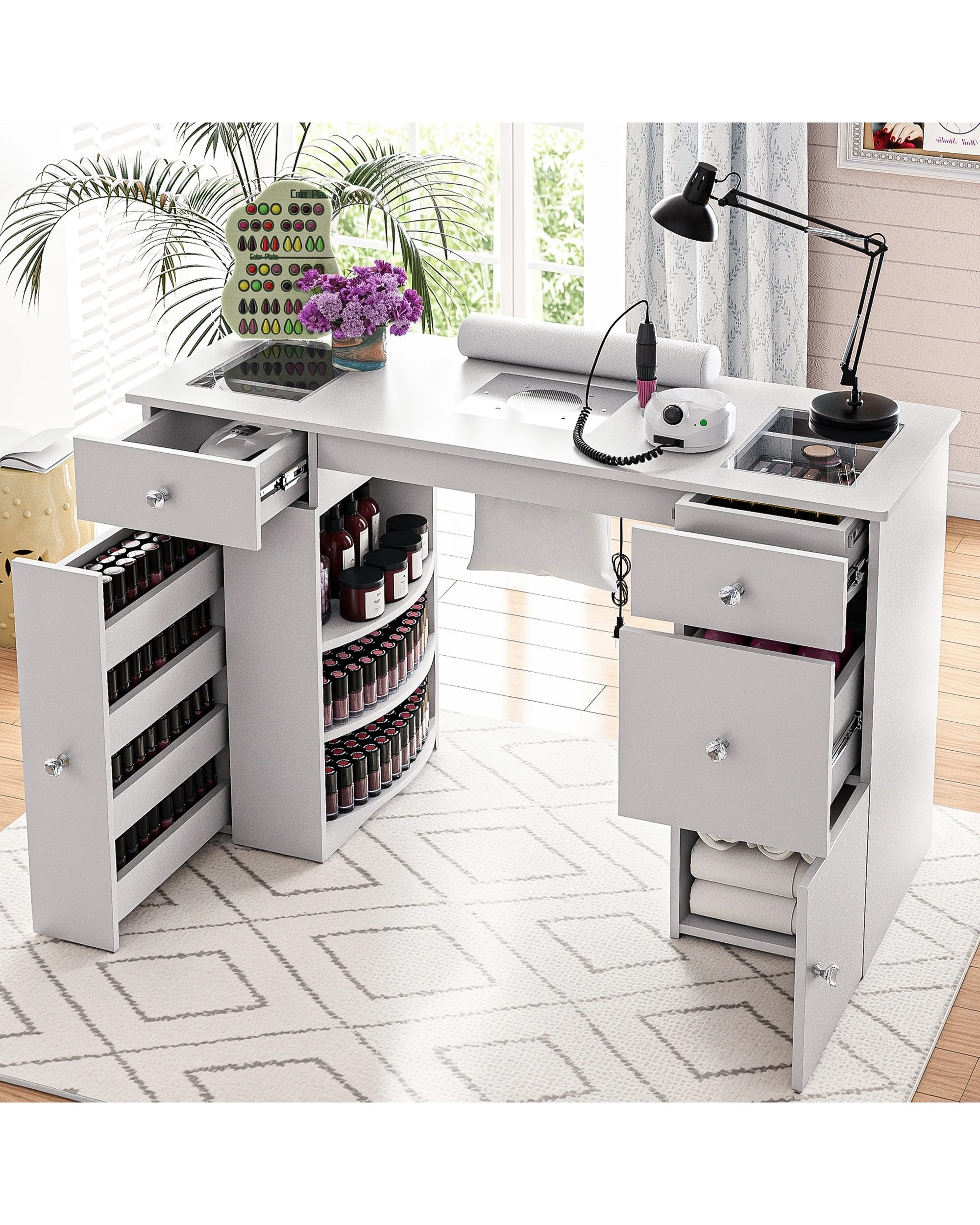 2 Advwin Vanity Desk Manicure Table With Dust Collector Glass Top Acetone Resistant Drawers Shelves
 - White, 2 of 10