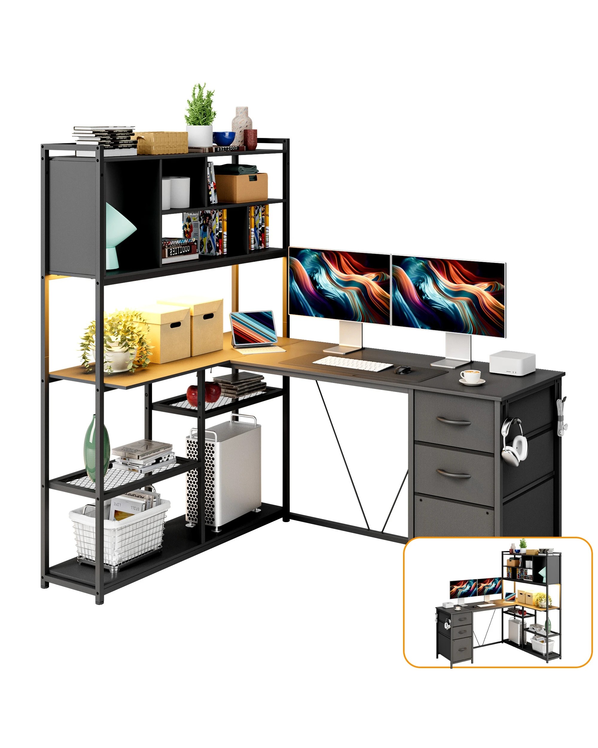 1 Advwin L Shaped Gaming Desk With Led Lights Reversible 148cm Computer Desk With 3 Drawers And Bookshelf, 1 of 8
