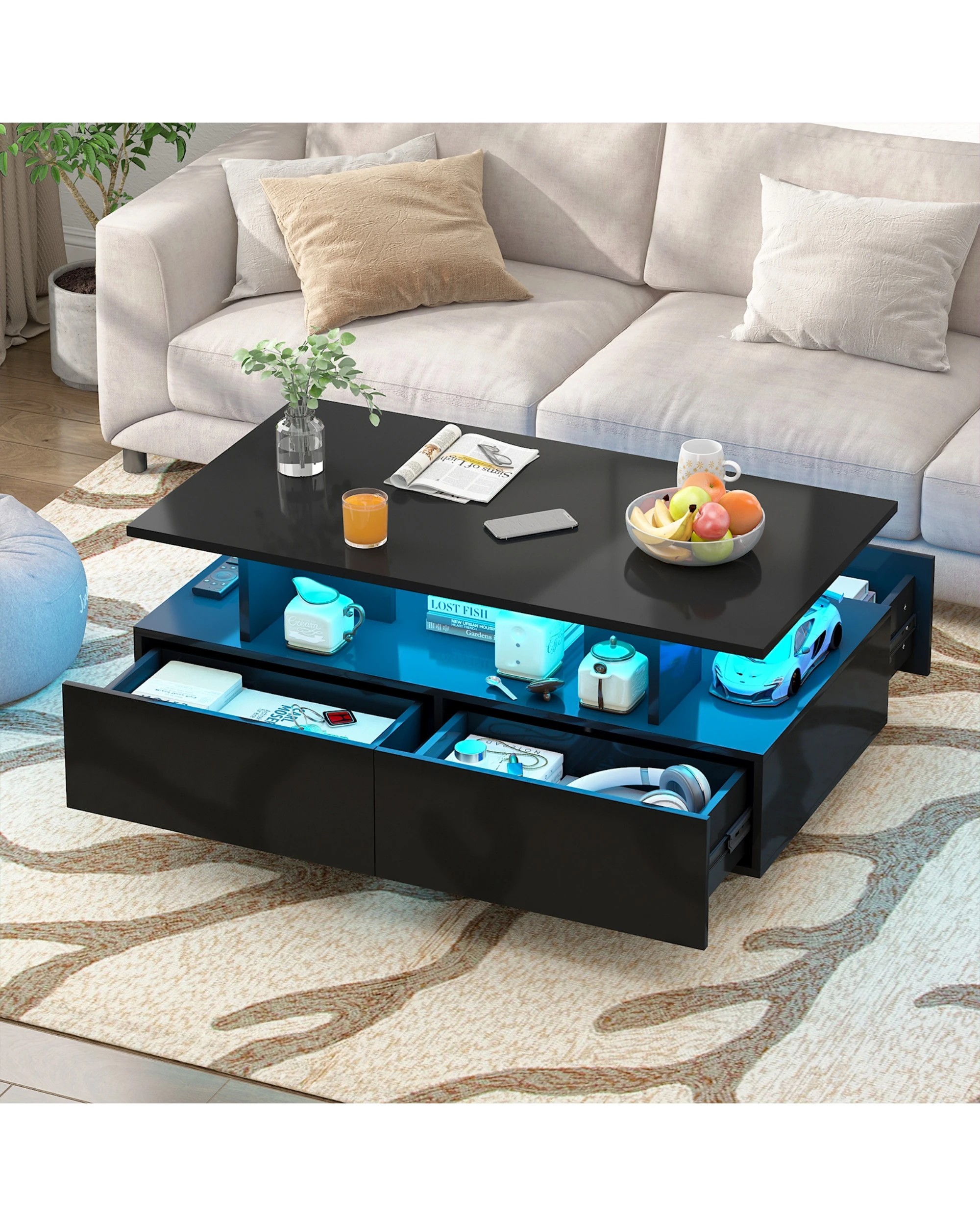 4 Advwin LED Coffee Table w/ 4 Storage Drawers High Gloss Central Table w/ Open Display Shelf, 4 of 9