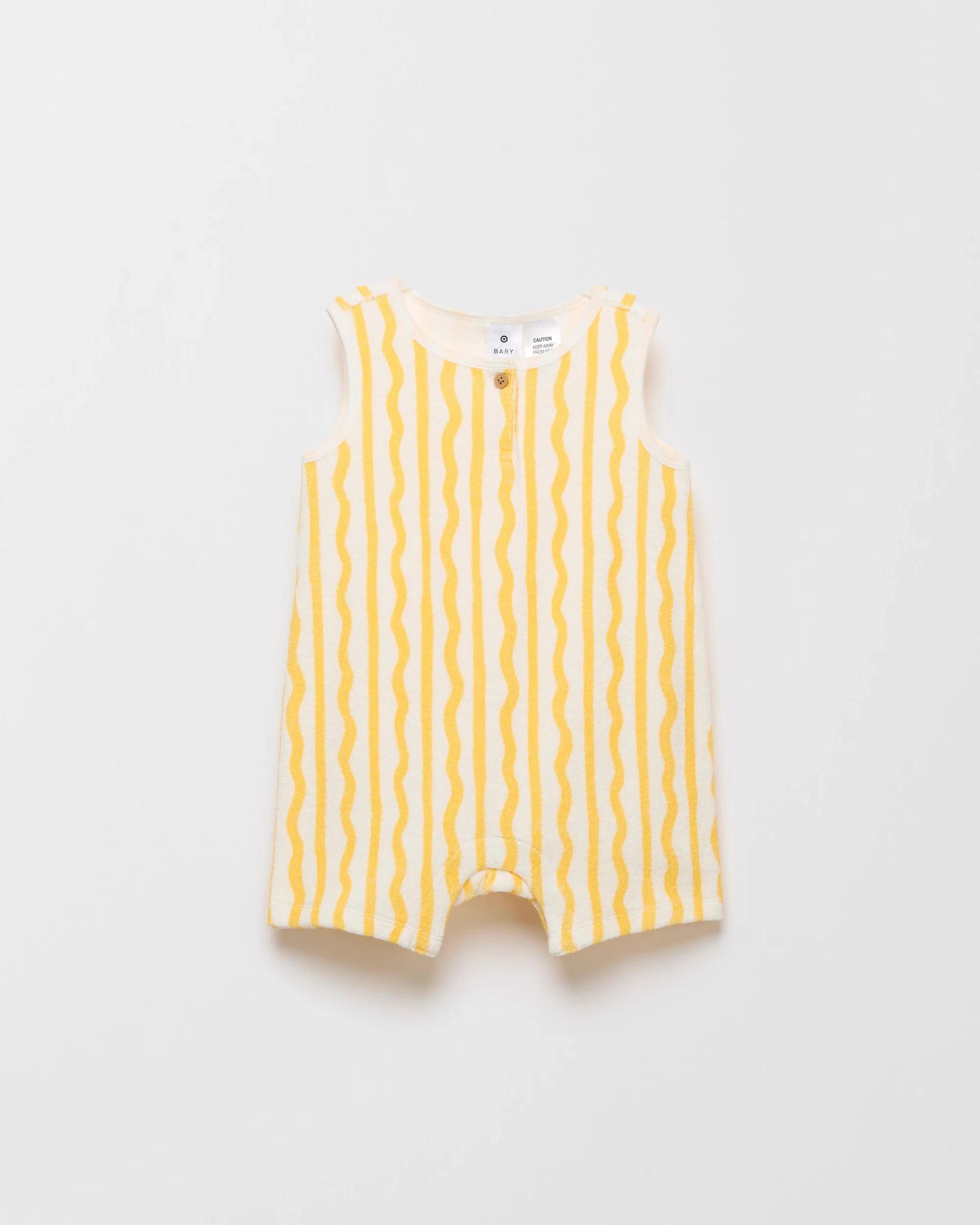 1 Target Organic Cotton Baby Terry Short Romper YELLOW STRIPE, 1 of 3