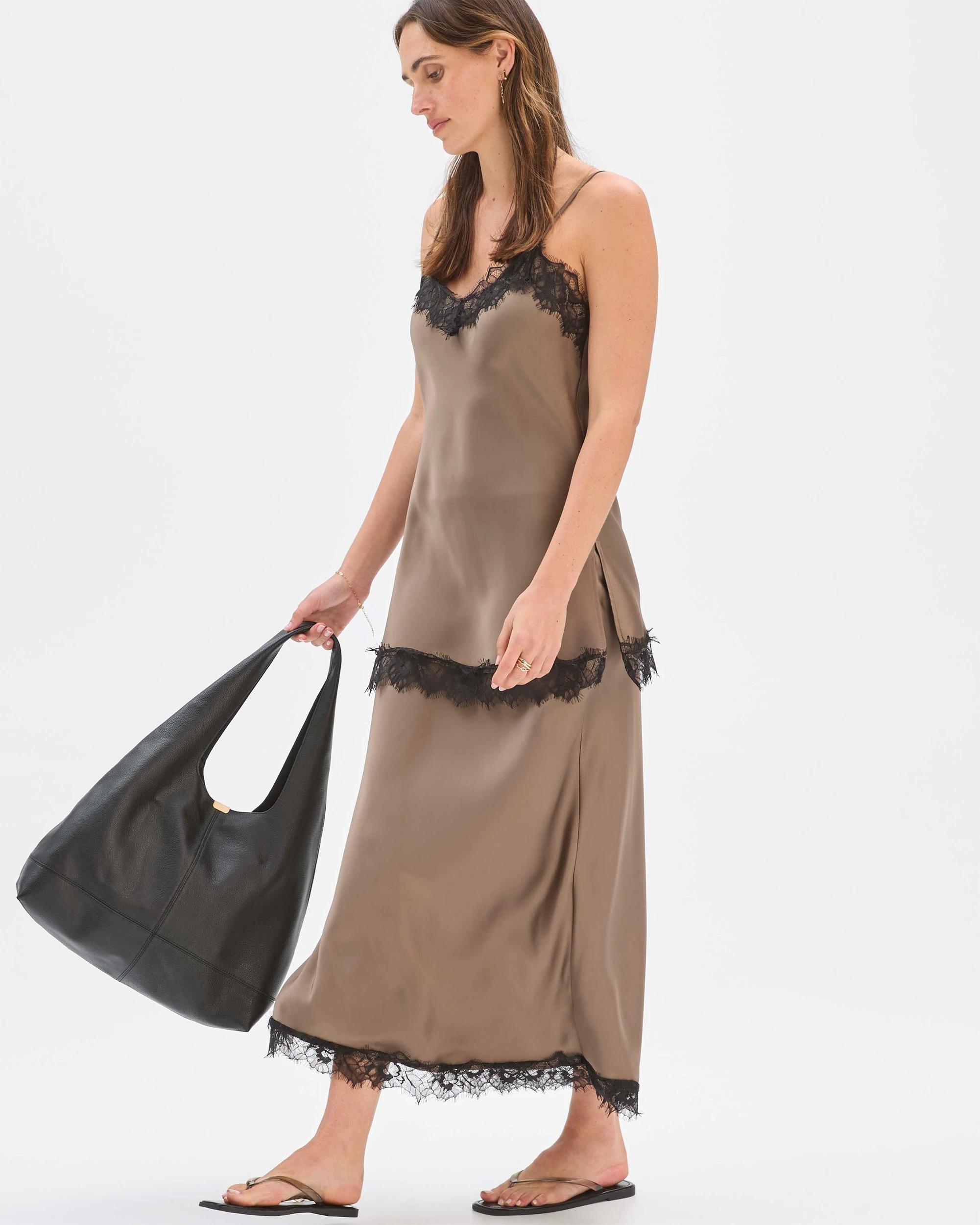 2 Preview Lace Trim Satin Midi Skirt SMOKED TAUPE, 2 of 7