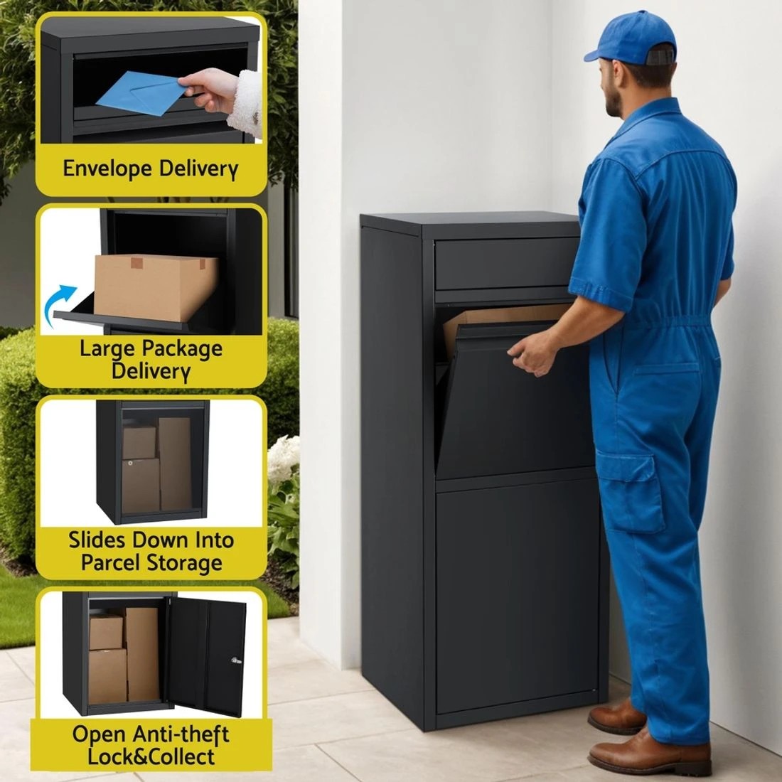 5 Gardeon Parcel Letterbox Drop Box Weatherproof Steel Metal Large Capacity Lockable Mail Delivery Porch Locker - black, 5 of 8