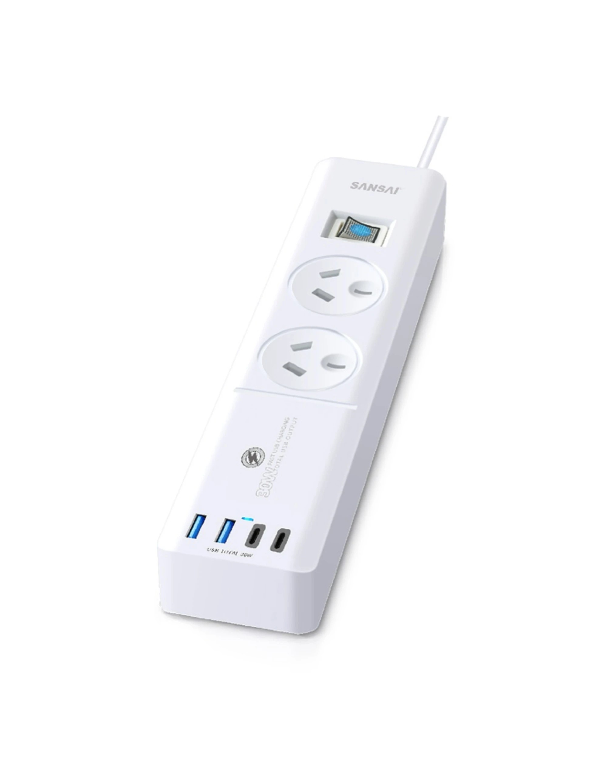 1 Sansai 2 Outlet Powerboard With USB A And C Ports 30W USB Output 1m Cord - White, 1 of 2