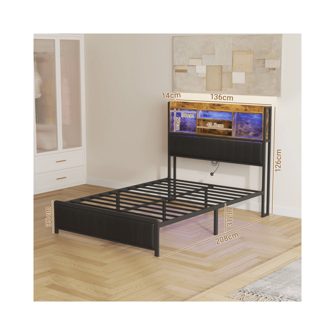 3 Advwin Double Bed Frame With Charging Station & Led Storage Bookcase, 3 of 8