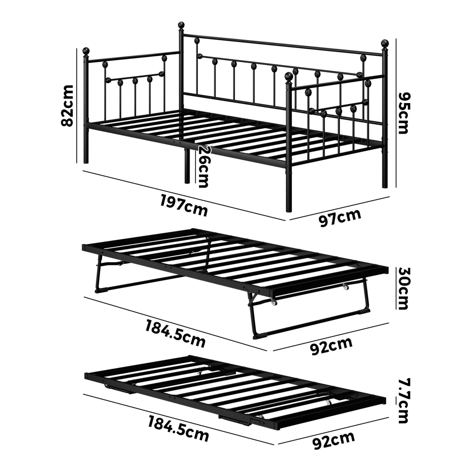5 Oikiture Trundle Bed Frame Daybed Single Size Base Metal 2x Single Beds - Black, 5 of 8