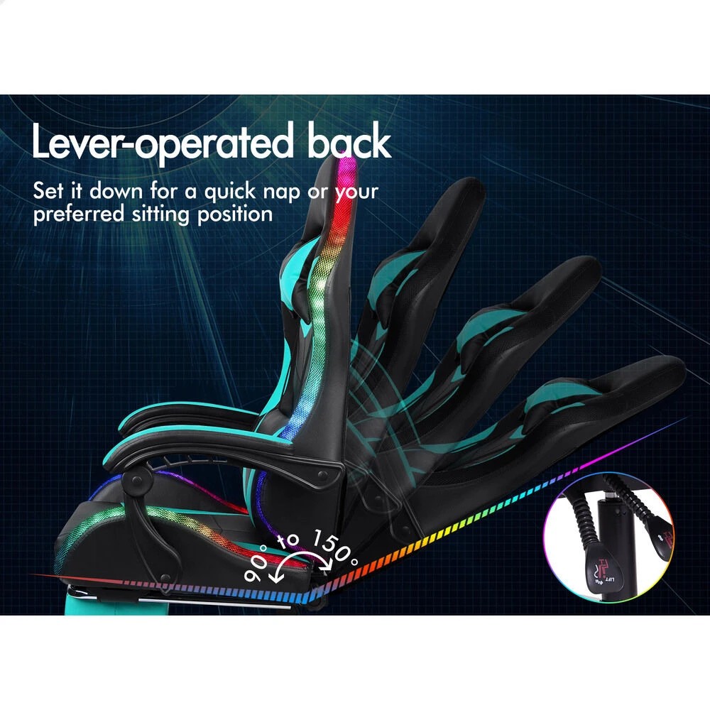 8 Alfordson Gaming Chair Office Massage 12 RGB LED Computer Seat PU Leather - Cyan, 8 of 10