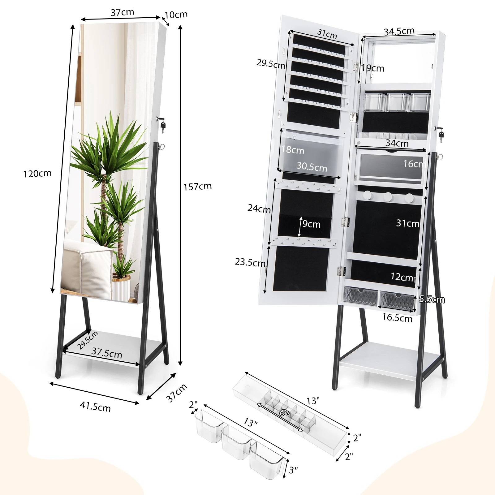 4 Costway Mirror Jewellery Cabinet Floor Jewelry Armoire Organizer w/3-Color LED Lights - White, 4 of 5
