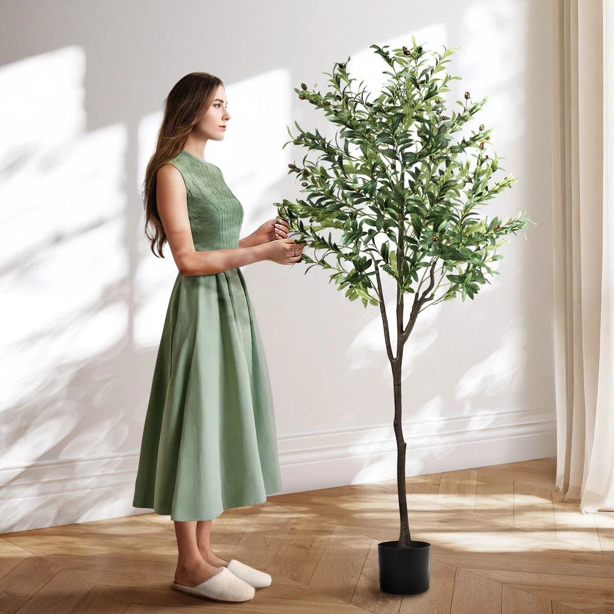 2 AUSWAY Artificial Olive Tree Plant Pot Imitation Green Fake Faux Natural, 2 of 5