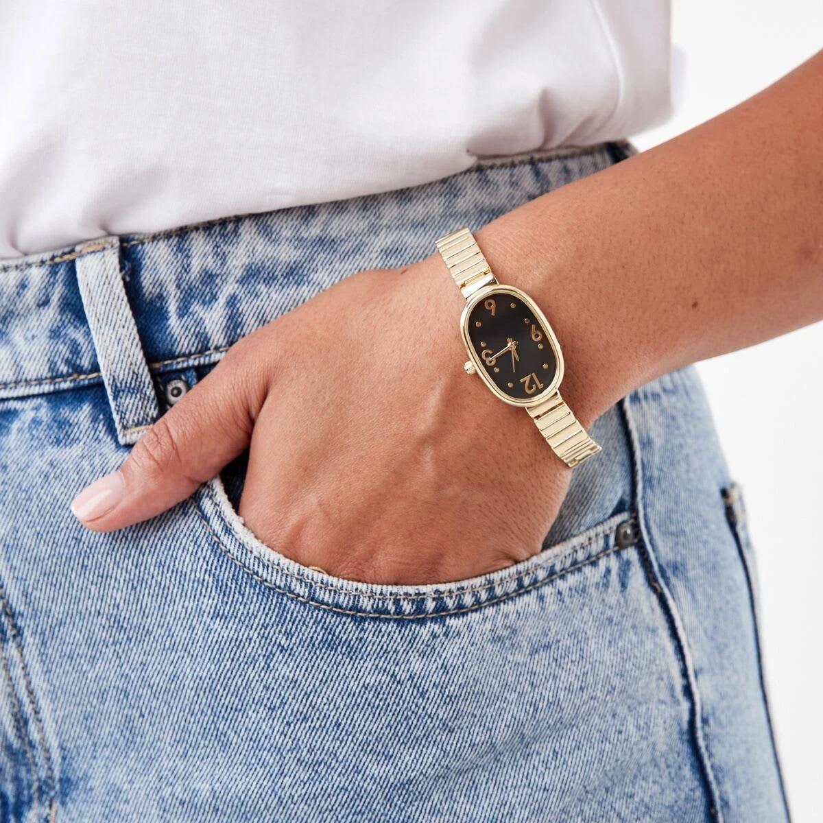 4 Womens Oval Metal Watch - Black and Gold Tone Gold, 4 of 6