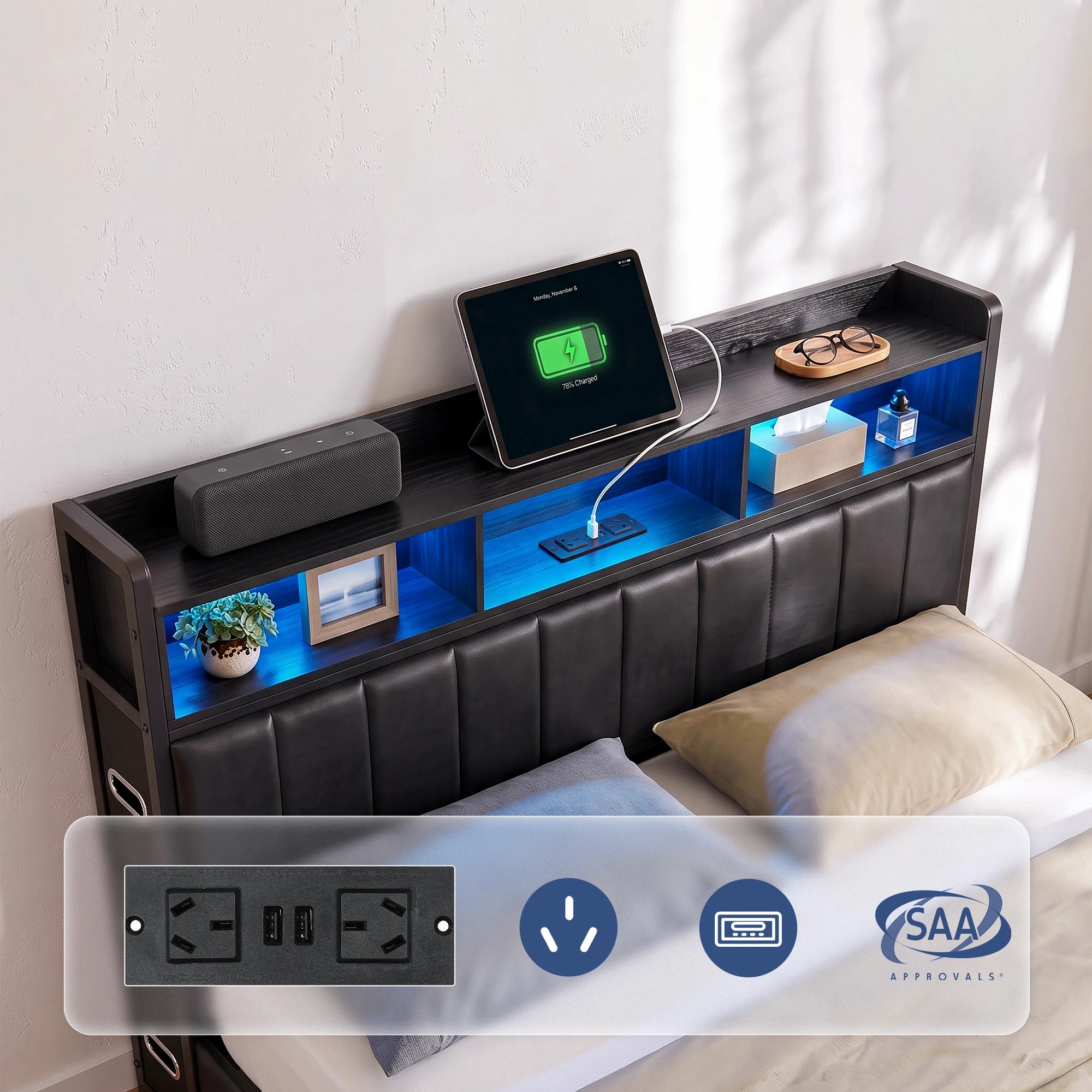 5 Artiss Bed Frame with Storage Headboard, 2 Drawers Charging Station LED Light - King Bed - Black, 5 of 10