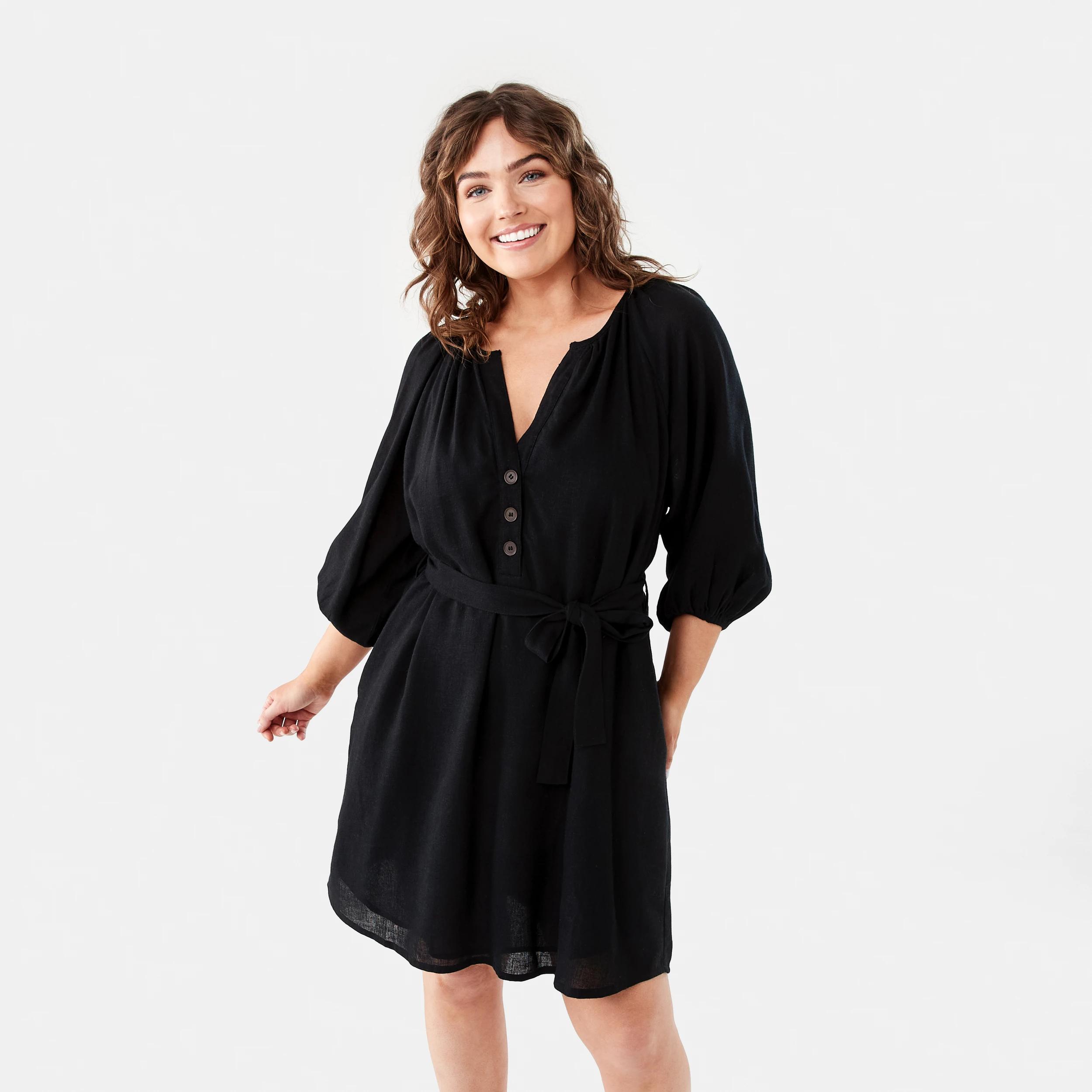 1 Elbow Sleeve Linen Blend Mini Dress BLACK, 1 of 10