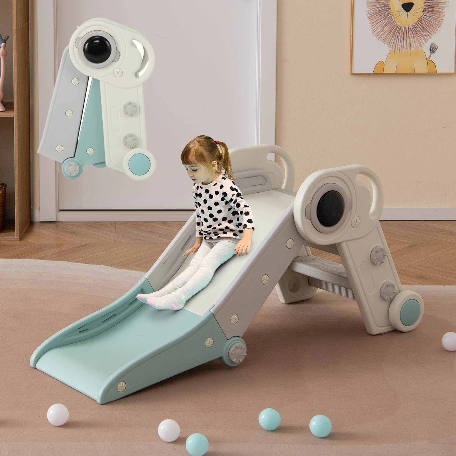 2 Costway 2-in-1 Foldable Slide w/Climber Indoor Playground Climb Playset - Blue, 2 of 3