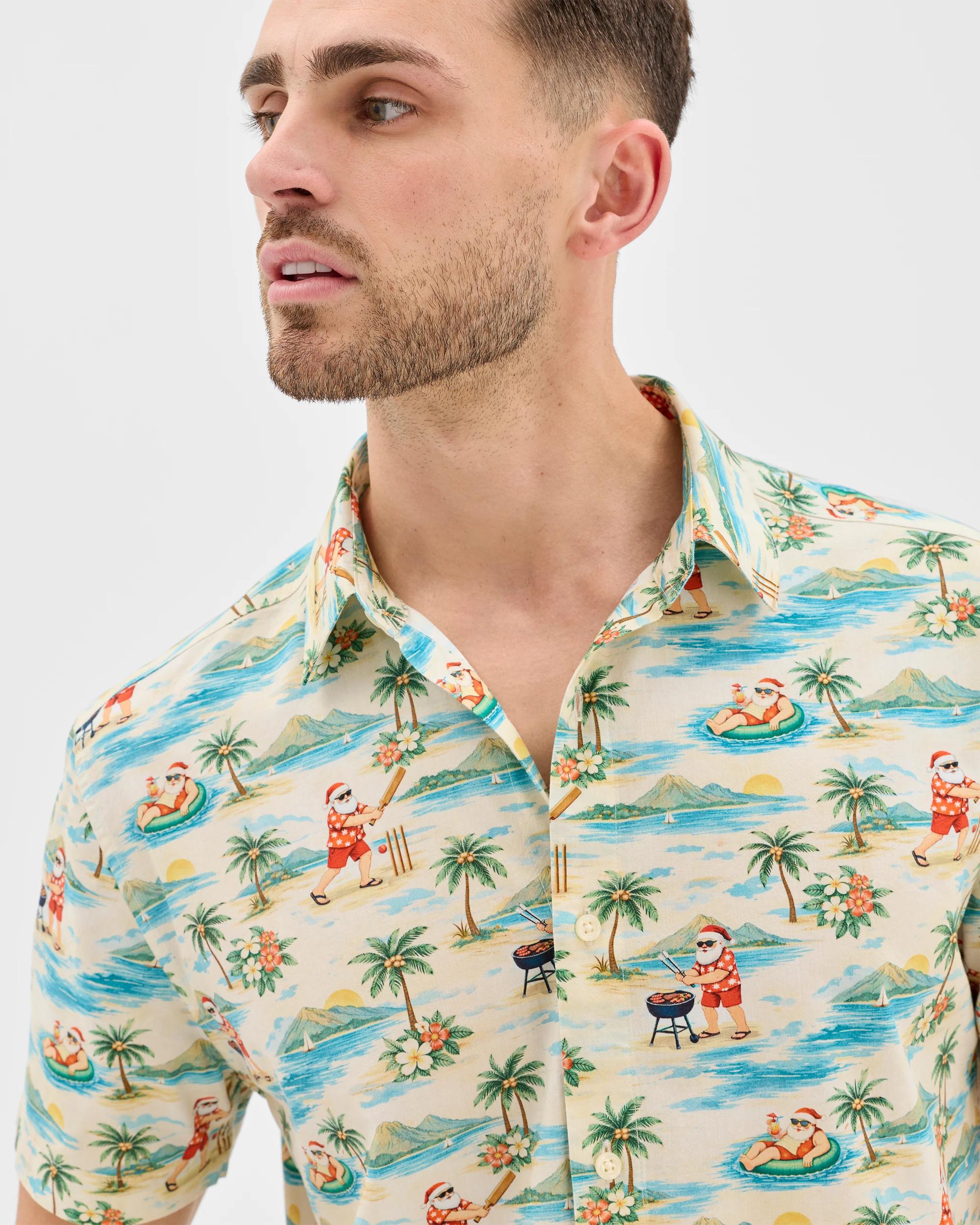 3 Target Man Australian Cotton Blend Christmas Print Shirt ECRU, 3 of 7