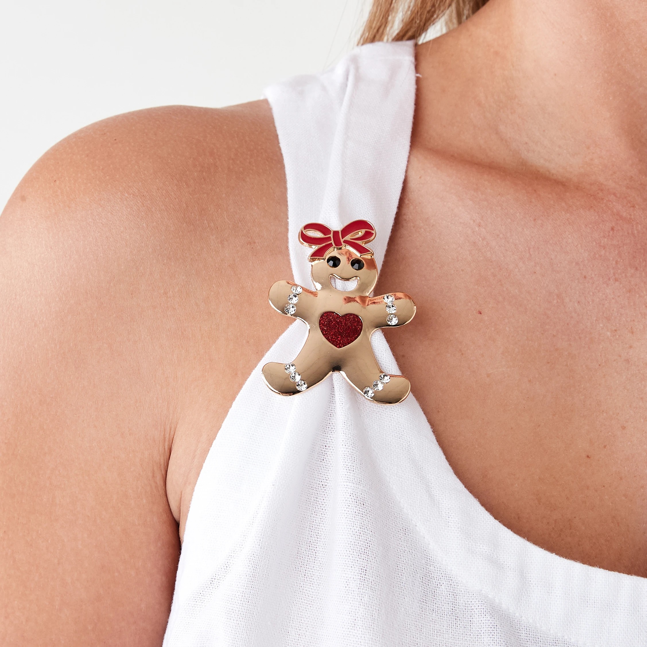 5 Christmas Gingerbread Brooch - Gold Tone and Red, 5 of 6