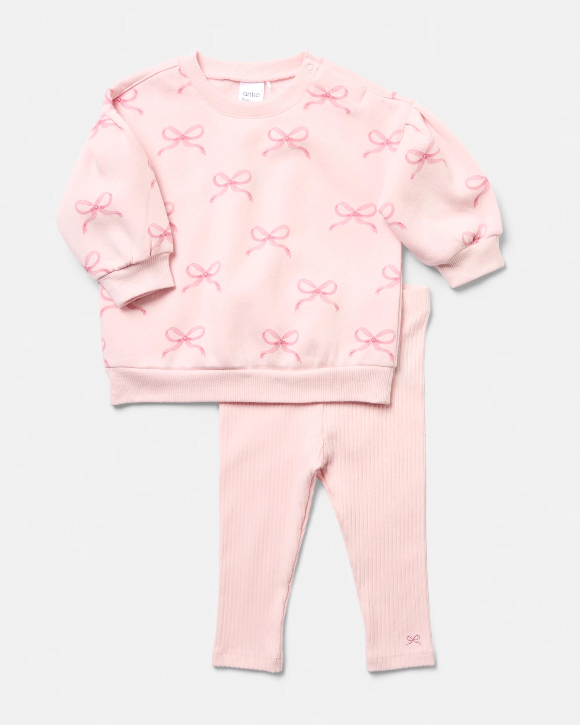 1 Australian Cotton Lantern Sleeve Rib Leggings Set Pnk Bows, 1 of 6
