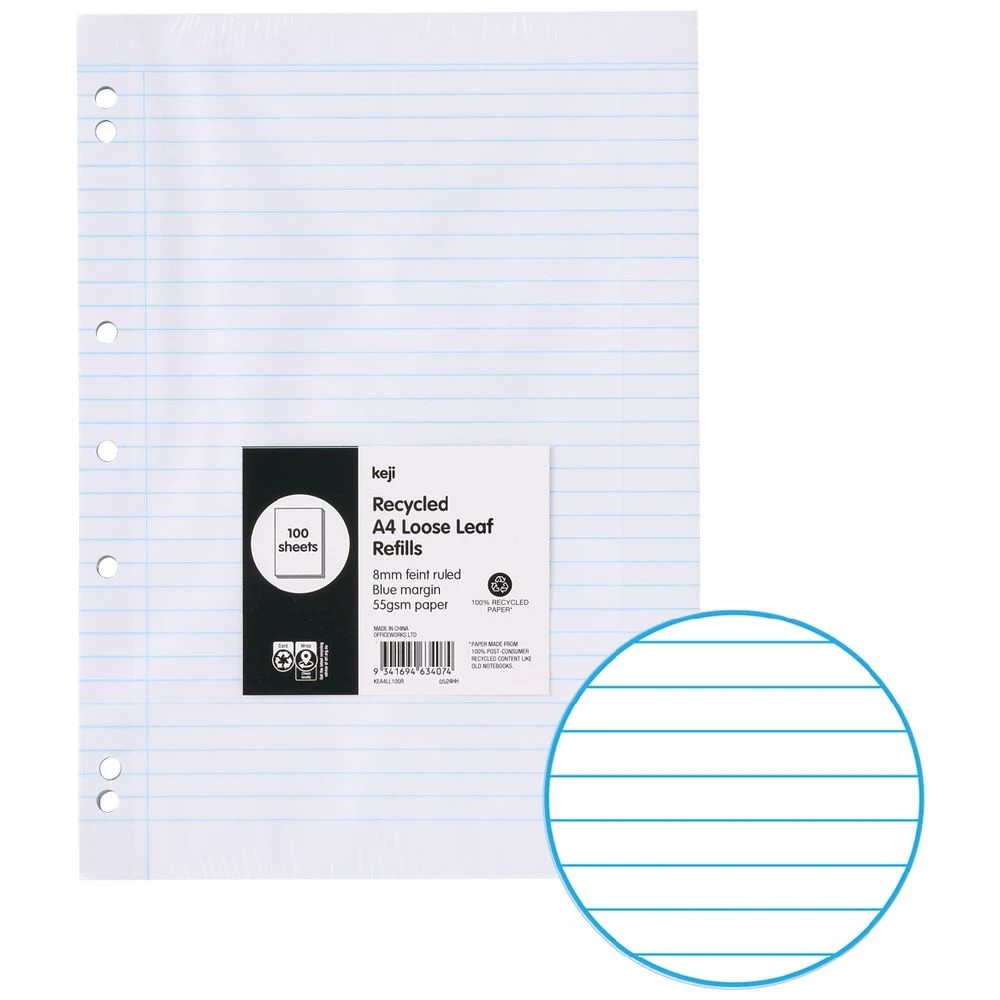 1 Keji A4 8mm Ruled Loose Leaf Refills 100 Pack, 1 of 3