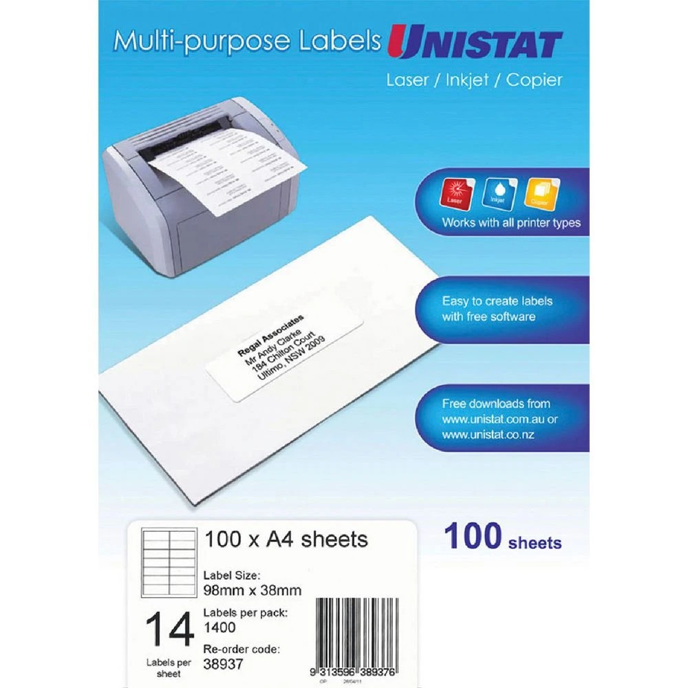 1 Unistat 14UP Inkjet Laser Labels 100 Sheets, 1 of 1