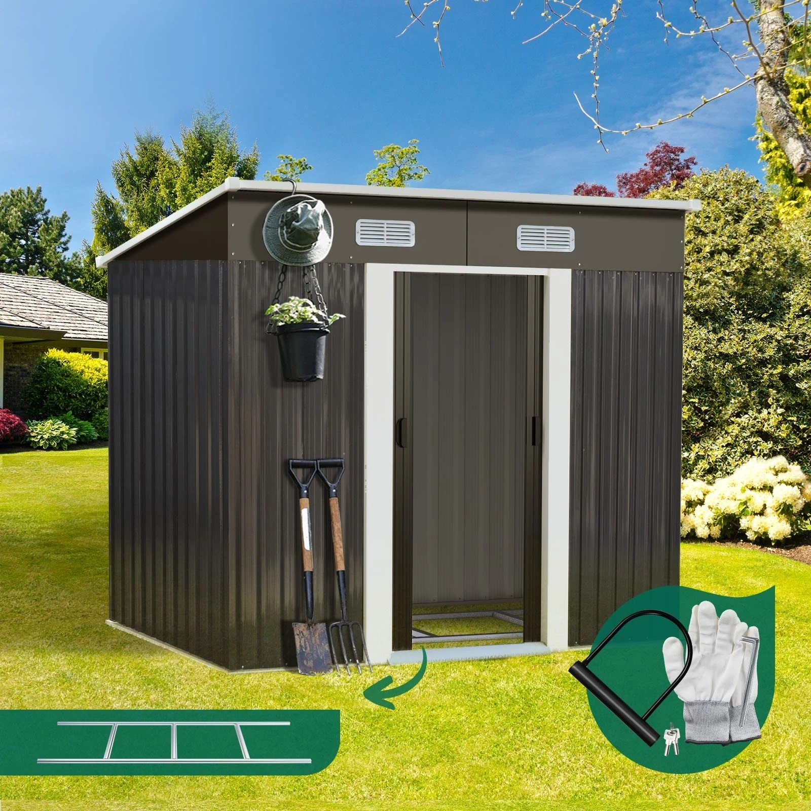 3 Livsip Garden Shed Outdoor Storage Sheds 1.94x1.21M Workshop Cabin Metal Base - Grey, 3 of 8