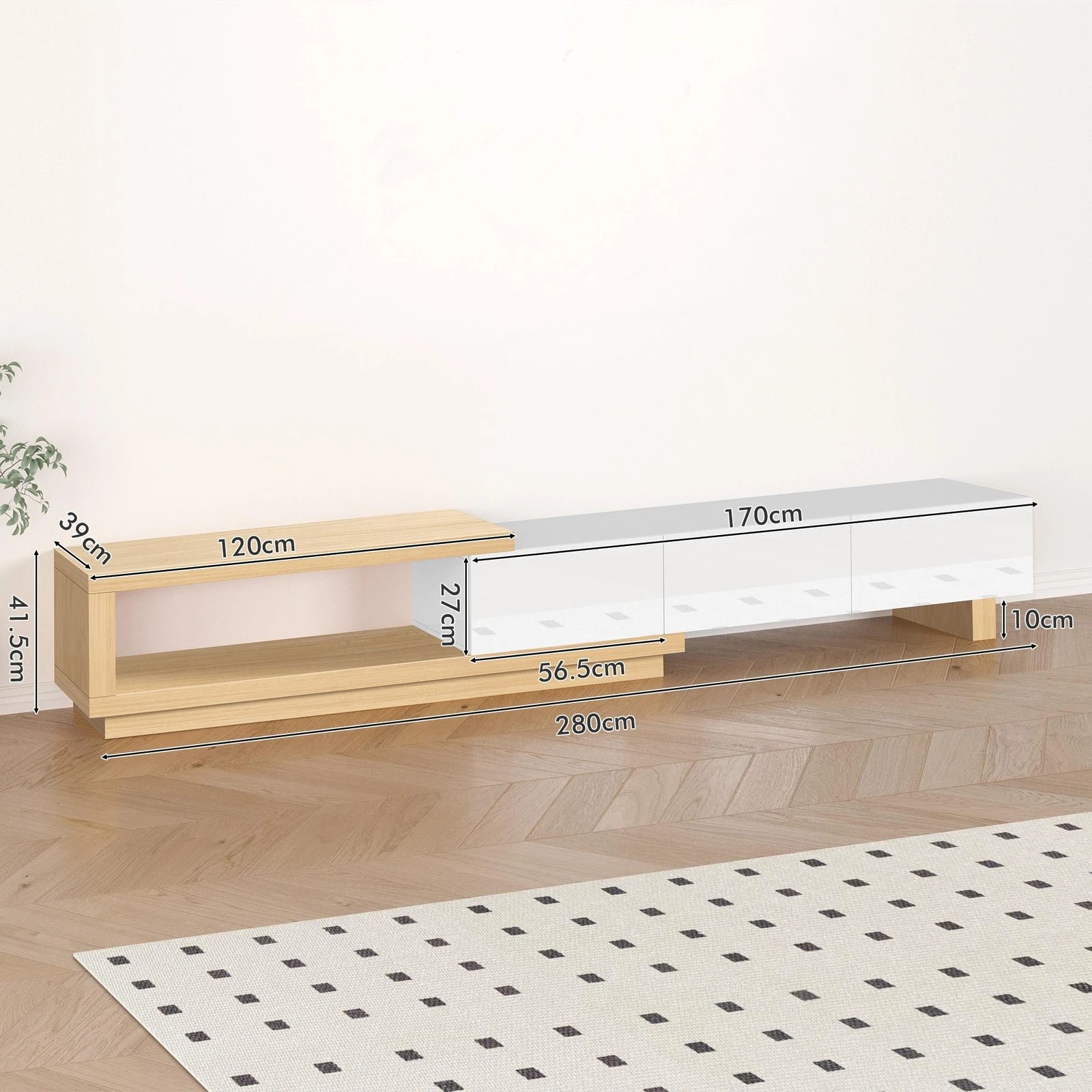 7 Alfordson 190-280cm Extendable Entertainment Unit TV Stand Cabinet Drawer - Wood White, 7 of 10