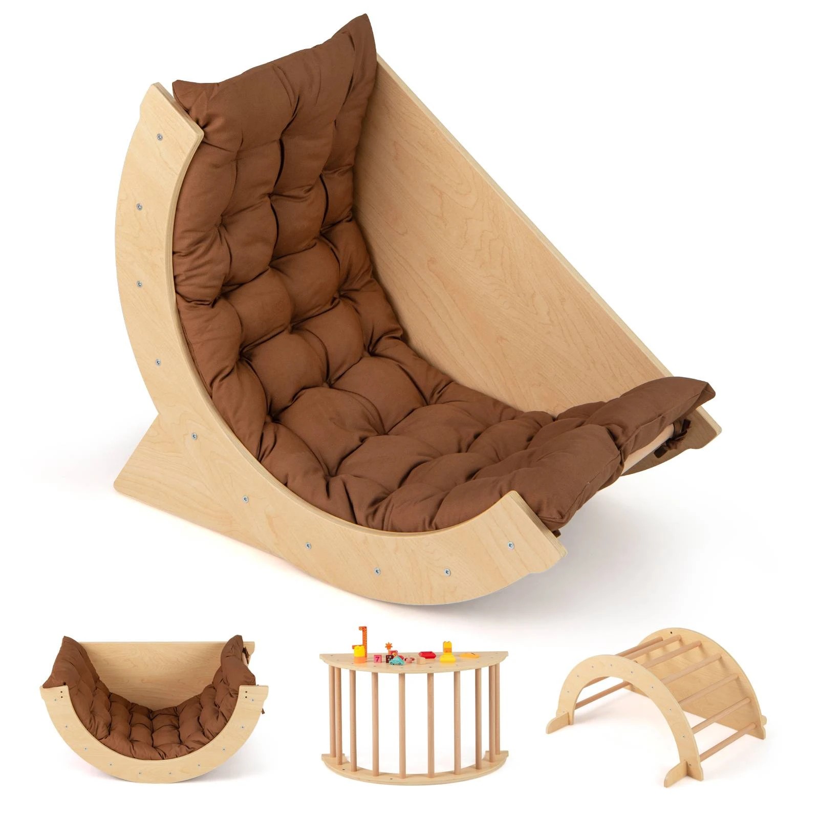 1 Costway Climb Playset 6 in 1 Climbing Arch Frame w/Removable Cushion - Brown, 1 of 2