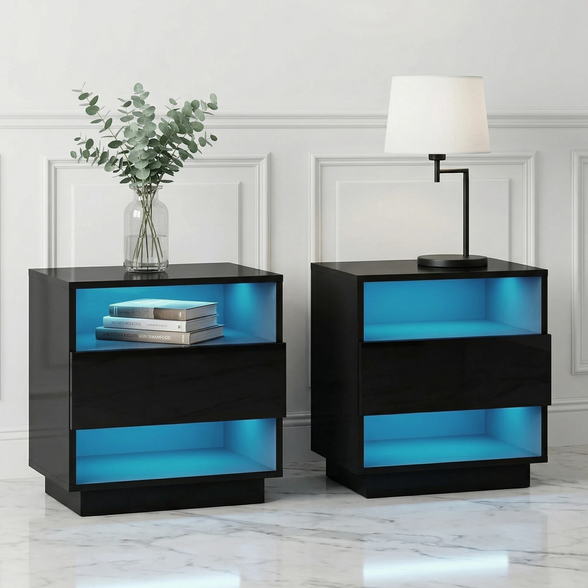 5 Artiss 2x Bedside Table LED with 2 Shelves - HANA - Black, 5 of 5