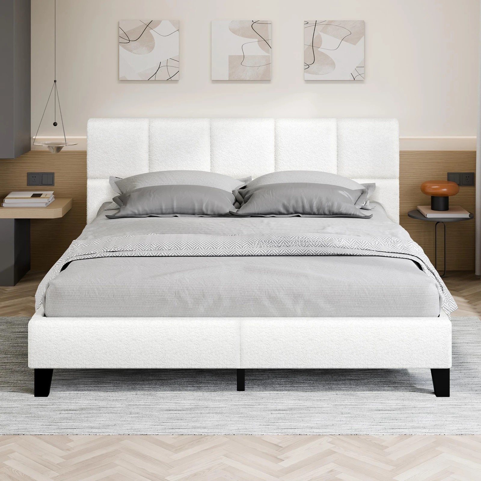 3 Alfordson Bed Frame King Size Wooden Platform Mattress Base Boucle Fabric - White, 3 of 10