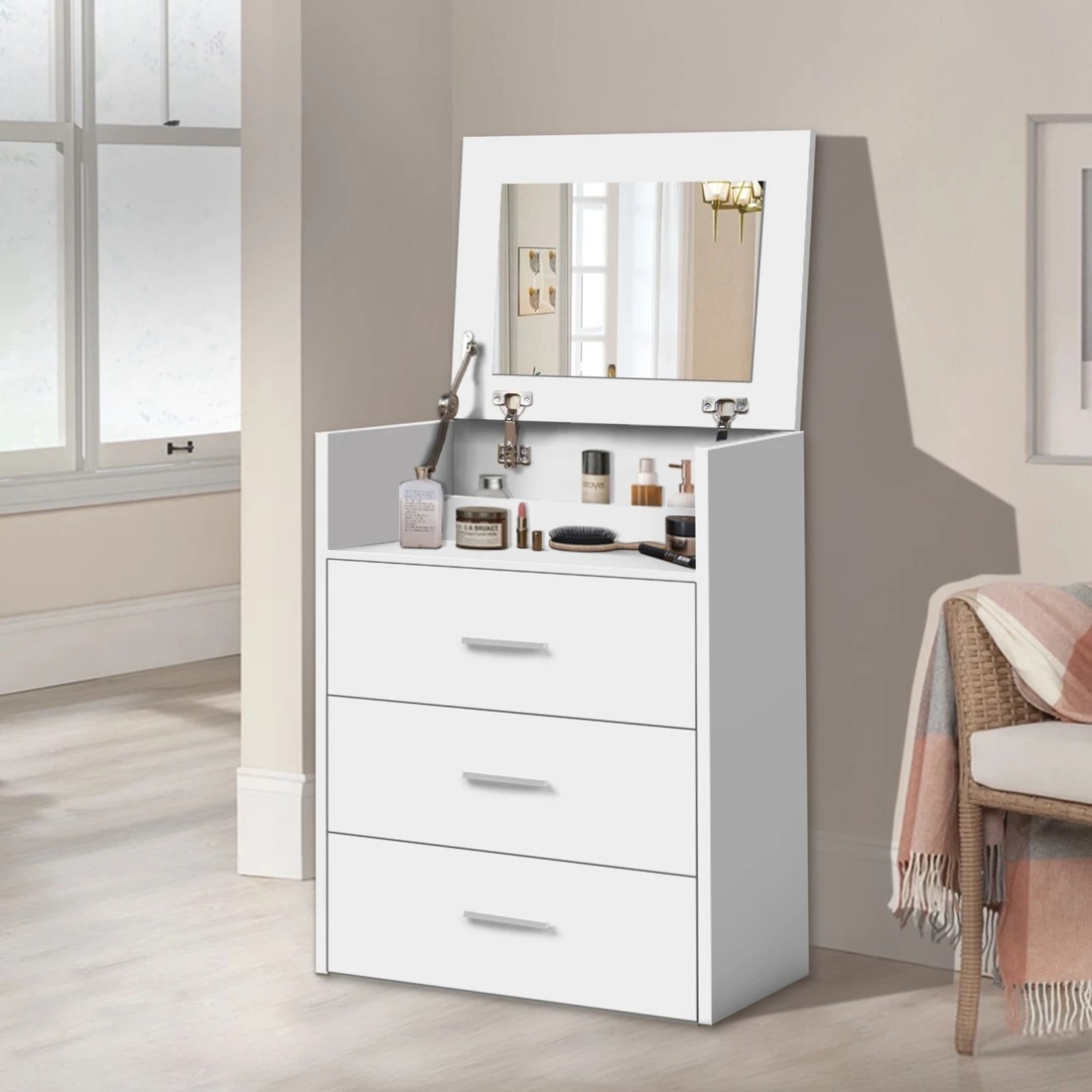2 Alfordson Dressing Table Stool Set 2-In-1 Bedside Table Makeup Mirror - White, 2 of 10