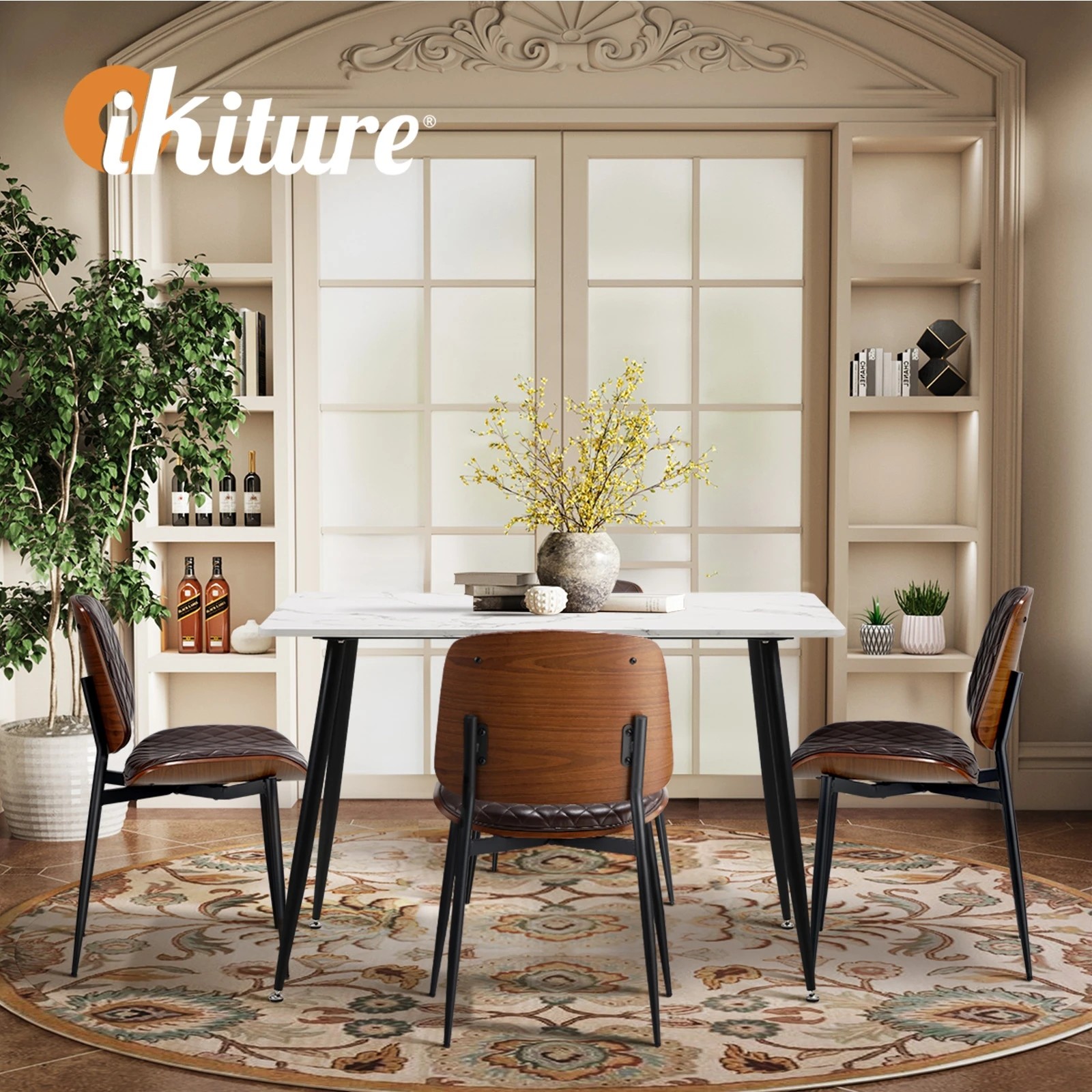 6 Oikiture 120cm Rectangle Dining Table with 4PCS Dining Chairs PU Walnut - Multi, 6 of 9