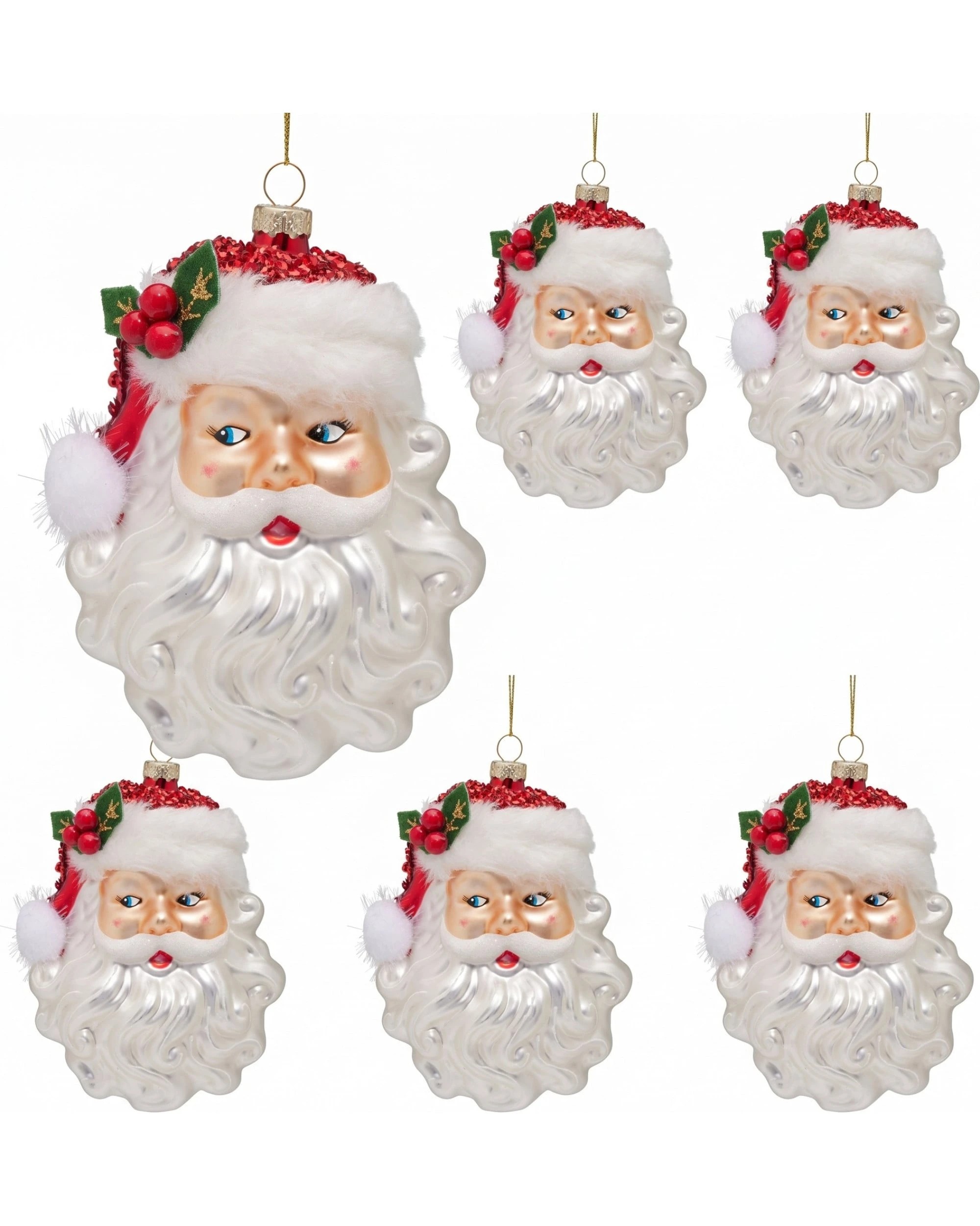 1 Christabelle Set of 6 Glass Santa Head Christmas Baubles, White Fur Trim, 13 cm - White, 1 of 7