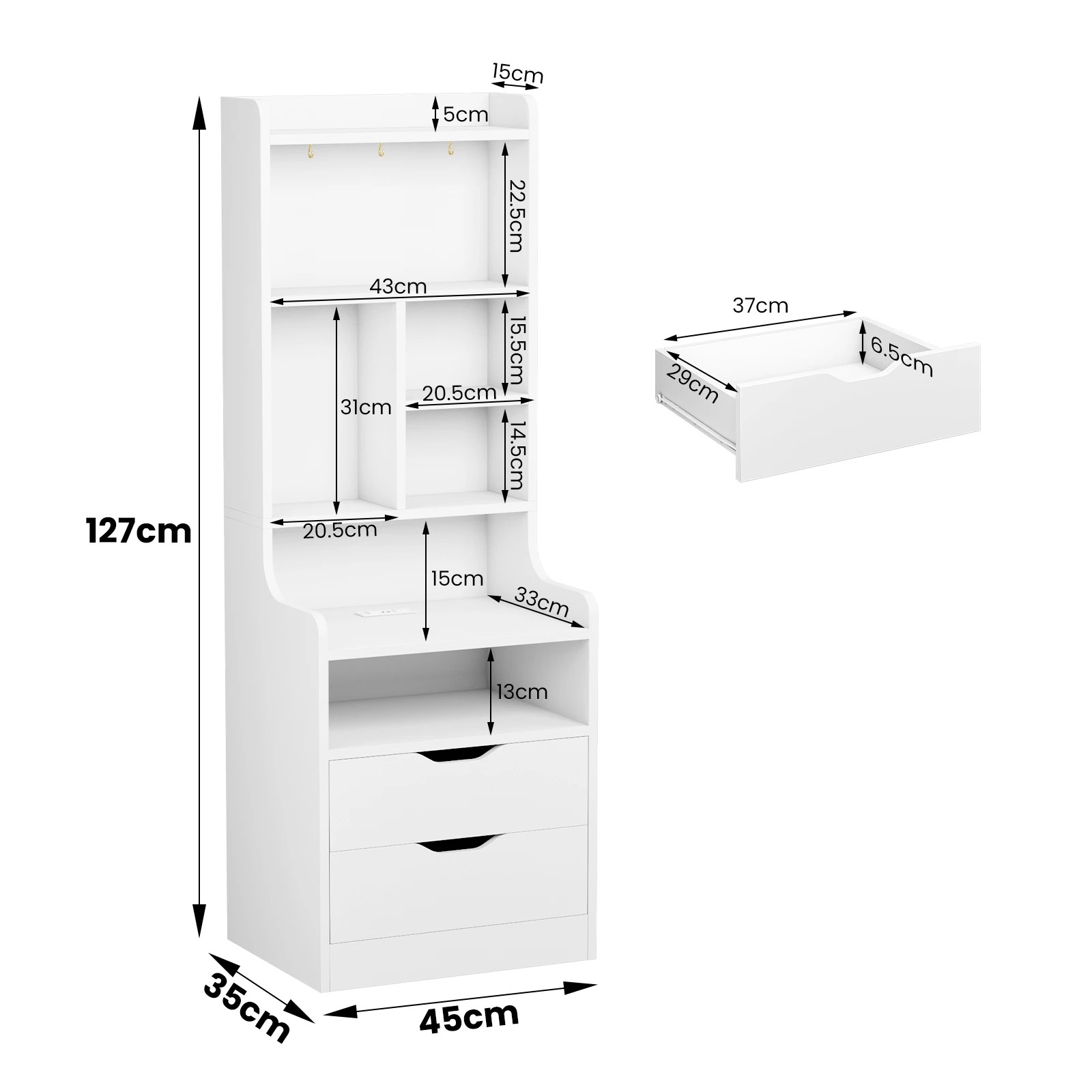 3 Advwin Set of 2 Tall LED Nightstand with Charging Station, 3 Drawers, Shelves & Hooks - White, 3 of 9