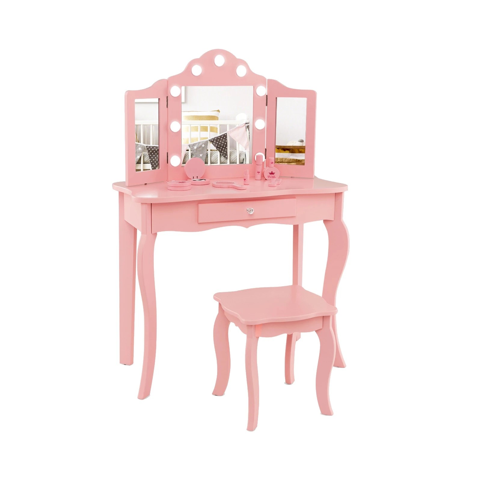 1 Costway Dressing Table Stool Set Princess w/Tri-Folding Mirror - Pink, 1 of 1