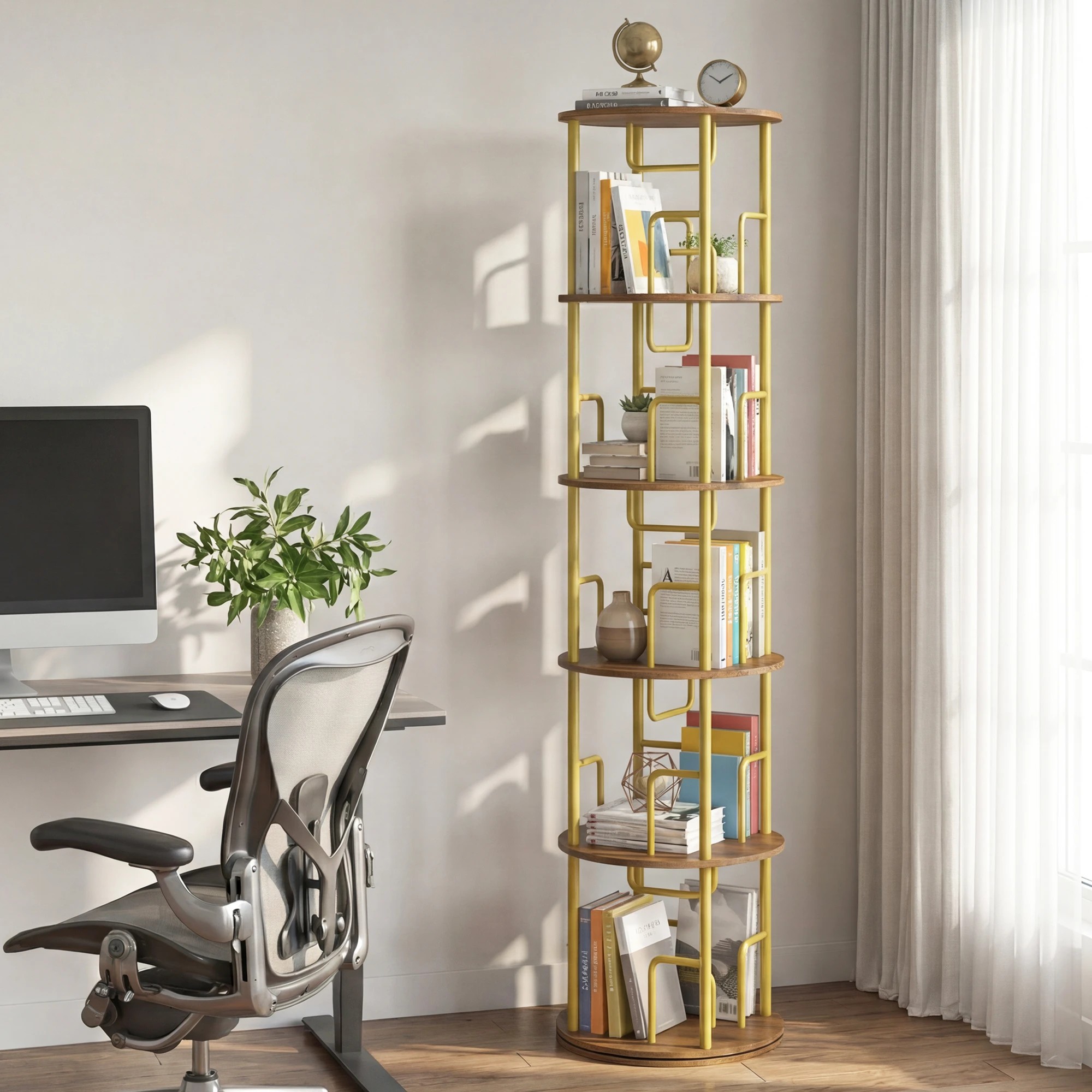 4 Advwin 5 Tier Rotating Bookshelf Round Corner Standing Display Shelf Organizer - Gold, 4 of 6