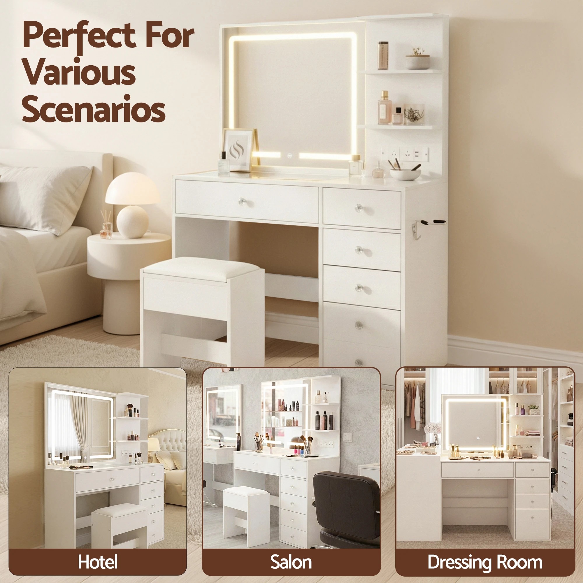 9 Artiss Dressing Table LED Vanity Desk Set Stool - White, 9 of 9