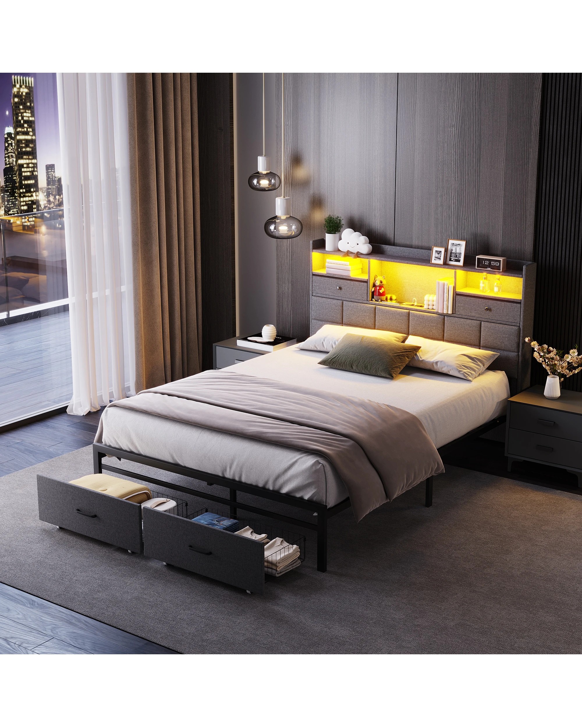 5 Advwin Double Bed Frame with RGB LED and Charging Station - Grey, 5 of 6