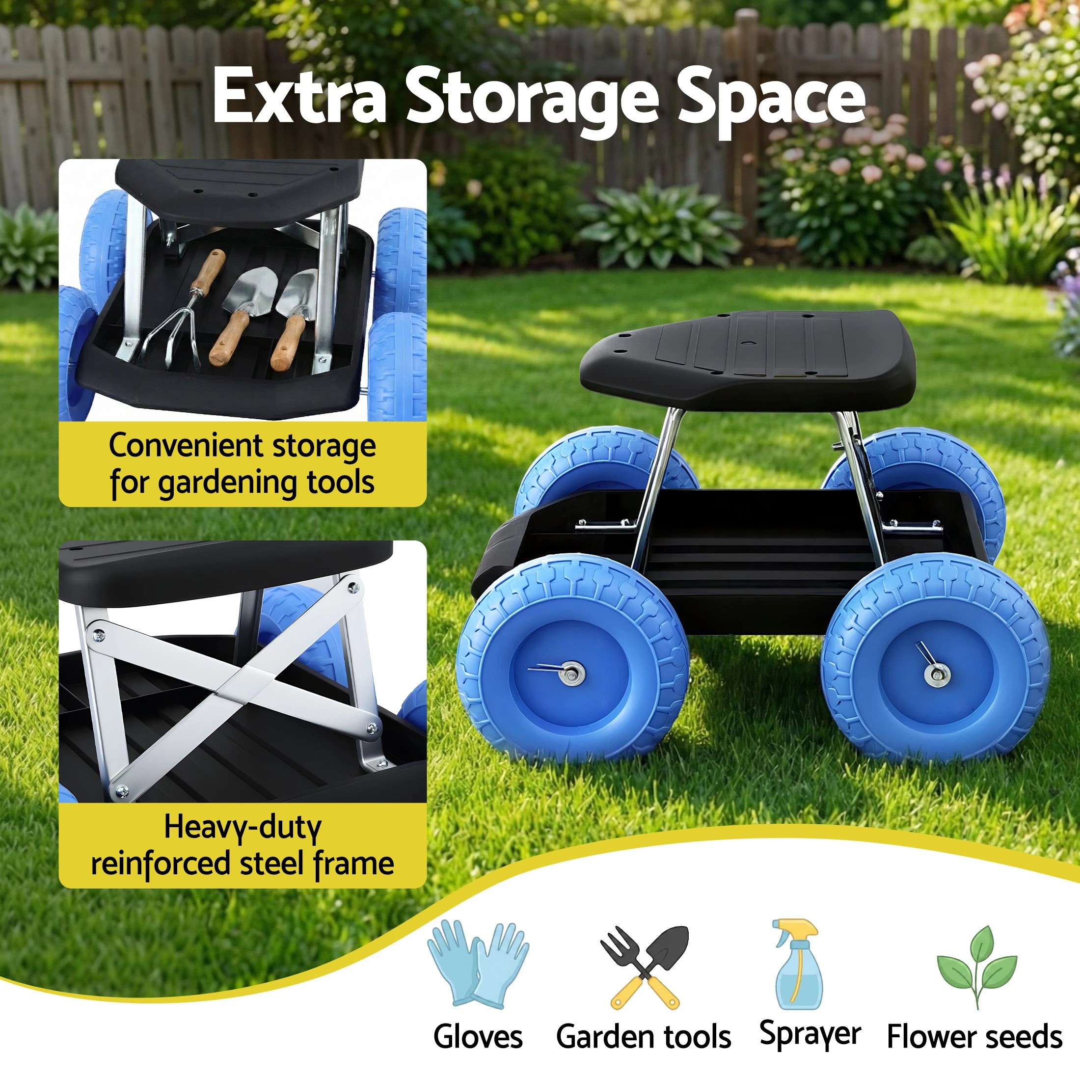 3 Gardeon Garden Cart Seat Wheels Rolling Work Stool Tool Tray 200kg Heavy Duty - Multi, 3 of 7