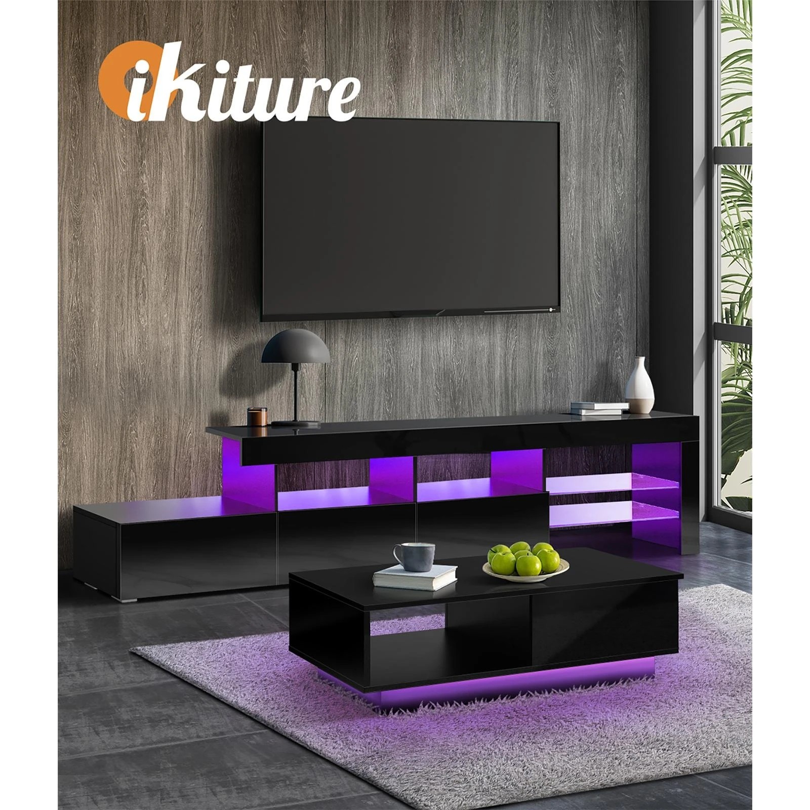 8 Oikiture Coffee Table Led Light High Gloss Storage Drawer Modern
 - Black, 8 of 10