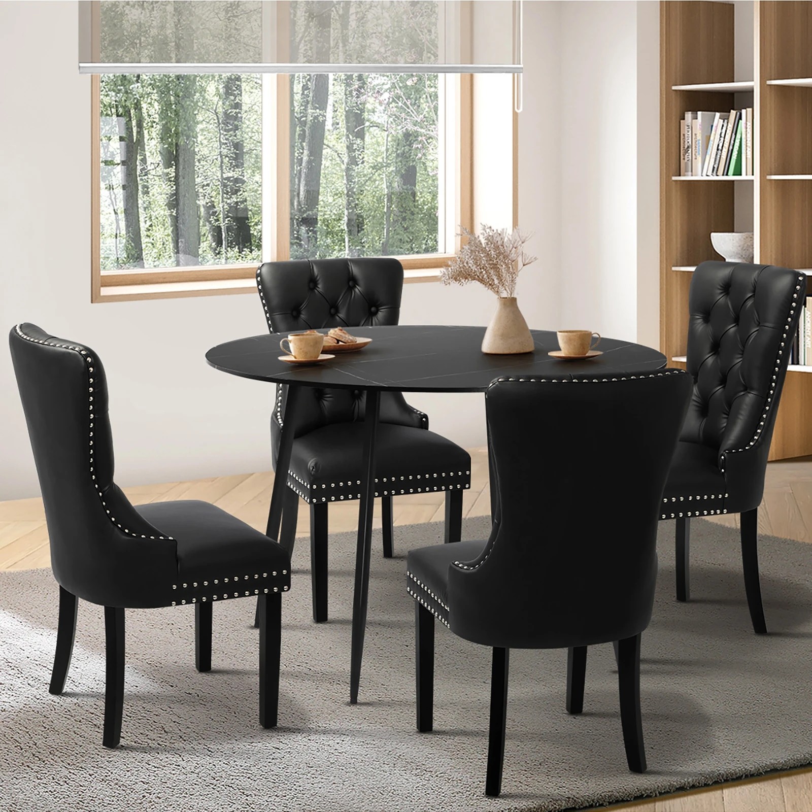 3 Oikiture 110cm Round Dining Table With 4pcs Dining Chairs Pu Leather
 - Black, 3 of 10