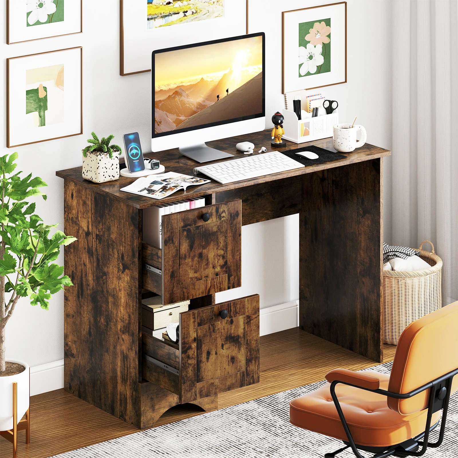 3 Costway Modern Study Writing Workstation Laptop Table Computer Desk w/Drawers, 3 of 4