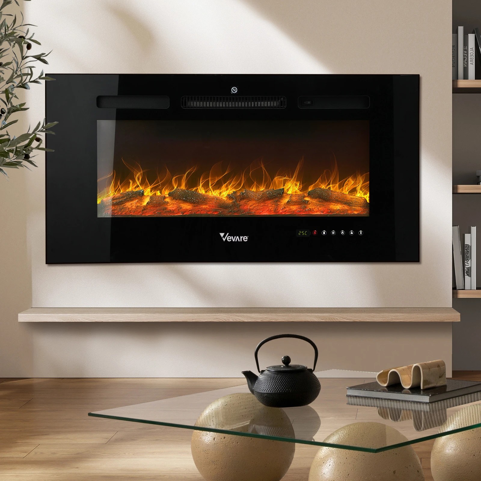 2 Vevare Electric Fireplace Heater Wall Mounted 3D Flame Effect Indoor 2000W - Black, 2 of 5