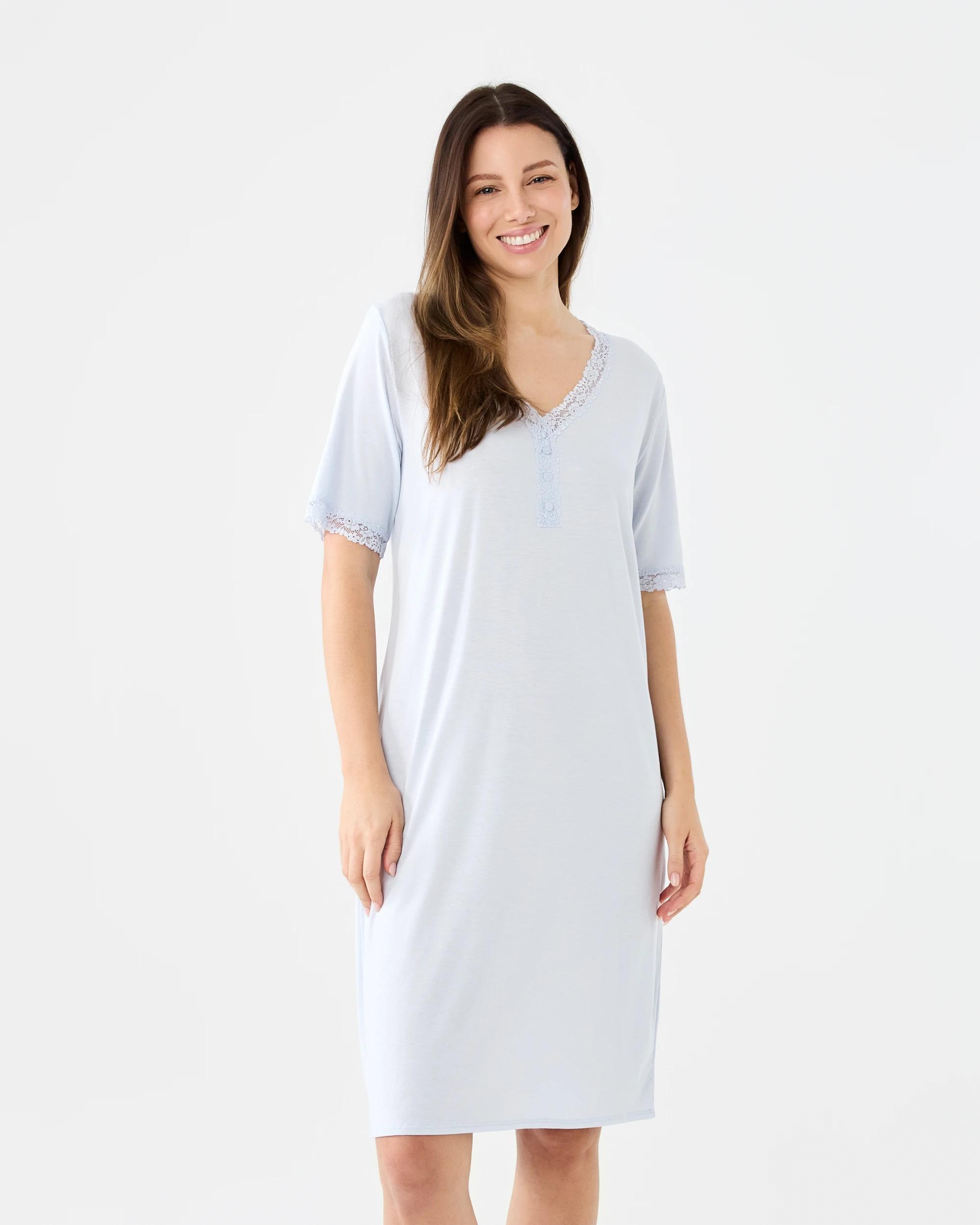 1 Short Sleeve Henley Lace Trim Comfort Nightie Halo Blue, 1 of 7